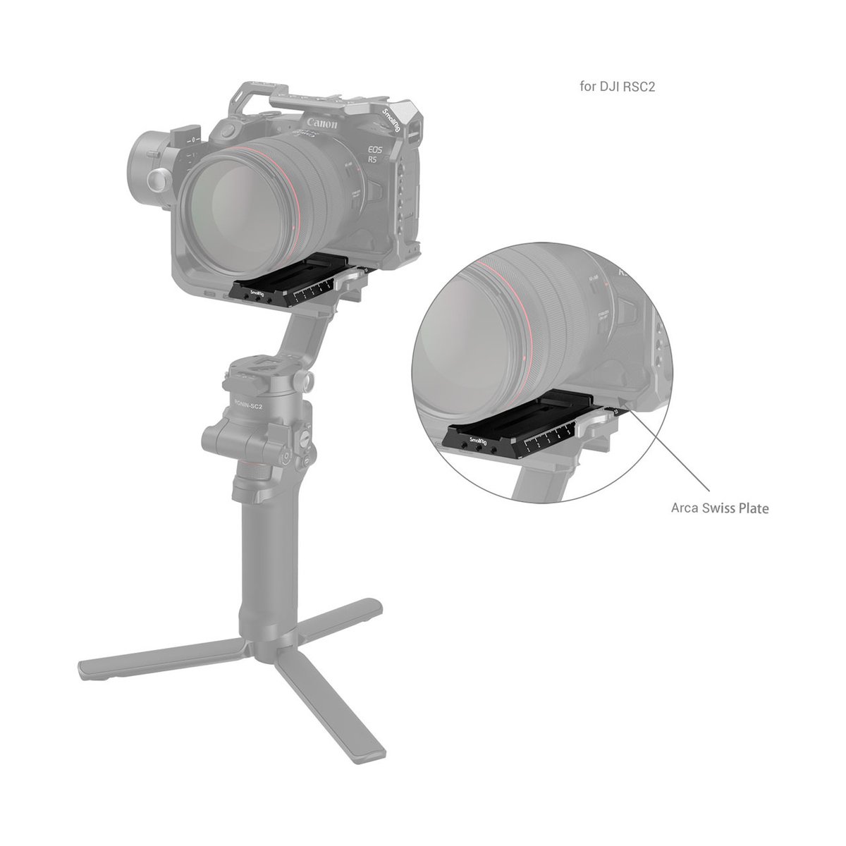 SmallRig 3061 Schnellwechselplatte mit Arca-Swiss für DJI RS2/RSC2 - Anwendungsbeispiel: Arca Swiss Platte montiert Kamera auf DJI RSC2 Gimbal; Detailansicht der Platte