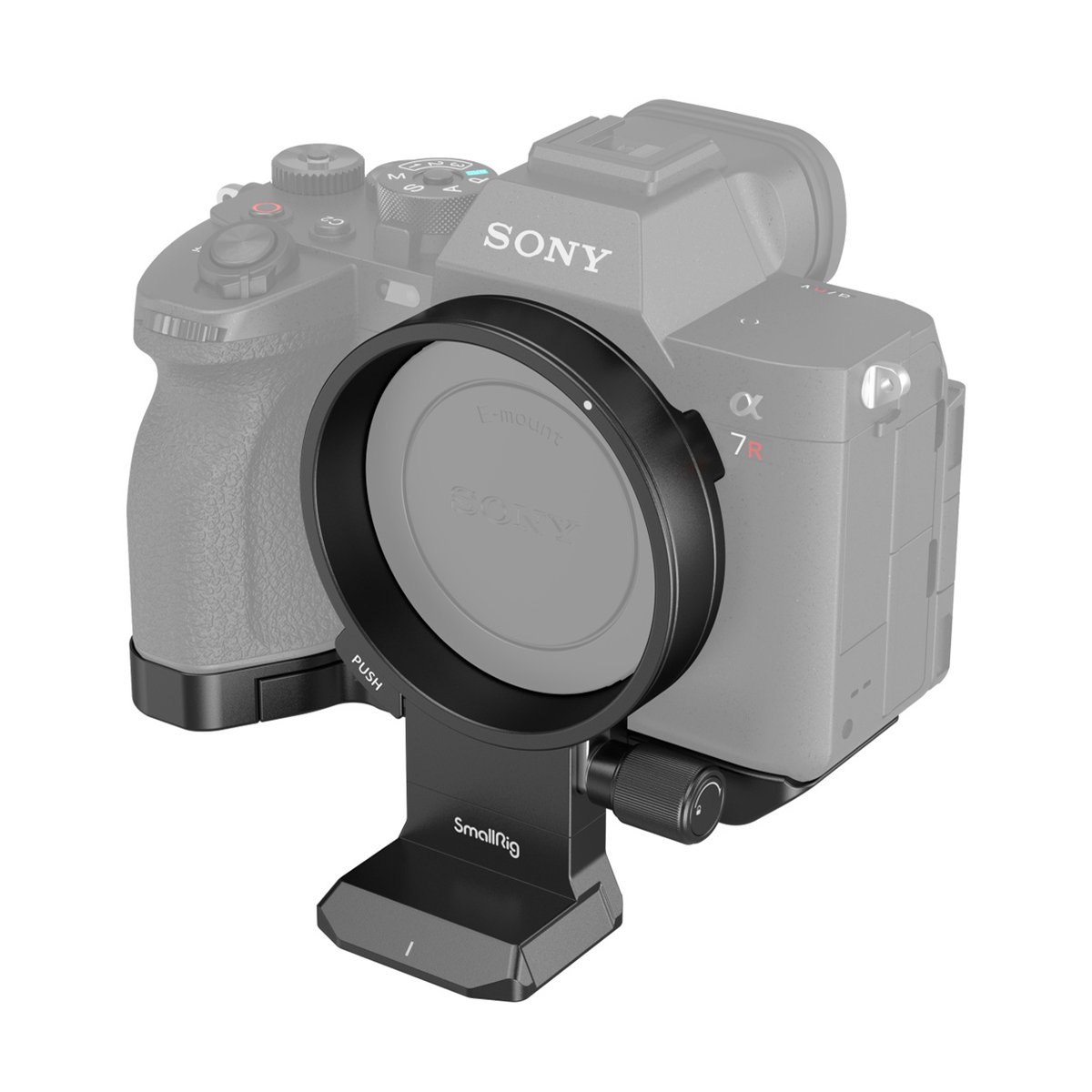 SmallRig 4148 Drehbares Horizontal- Vertikal Montageplatten-Kit - SmallRig Mount Adapter an Sony Kamera befestigt, schräge Vorderansicht