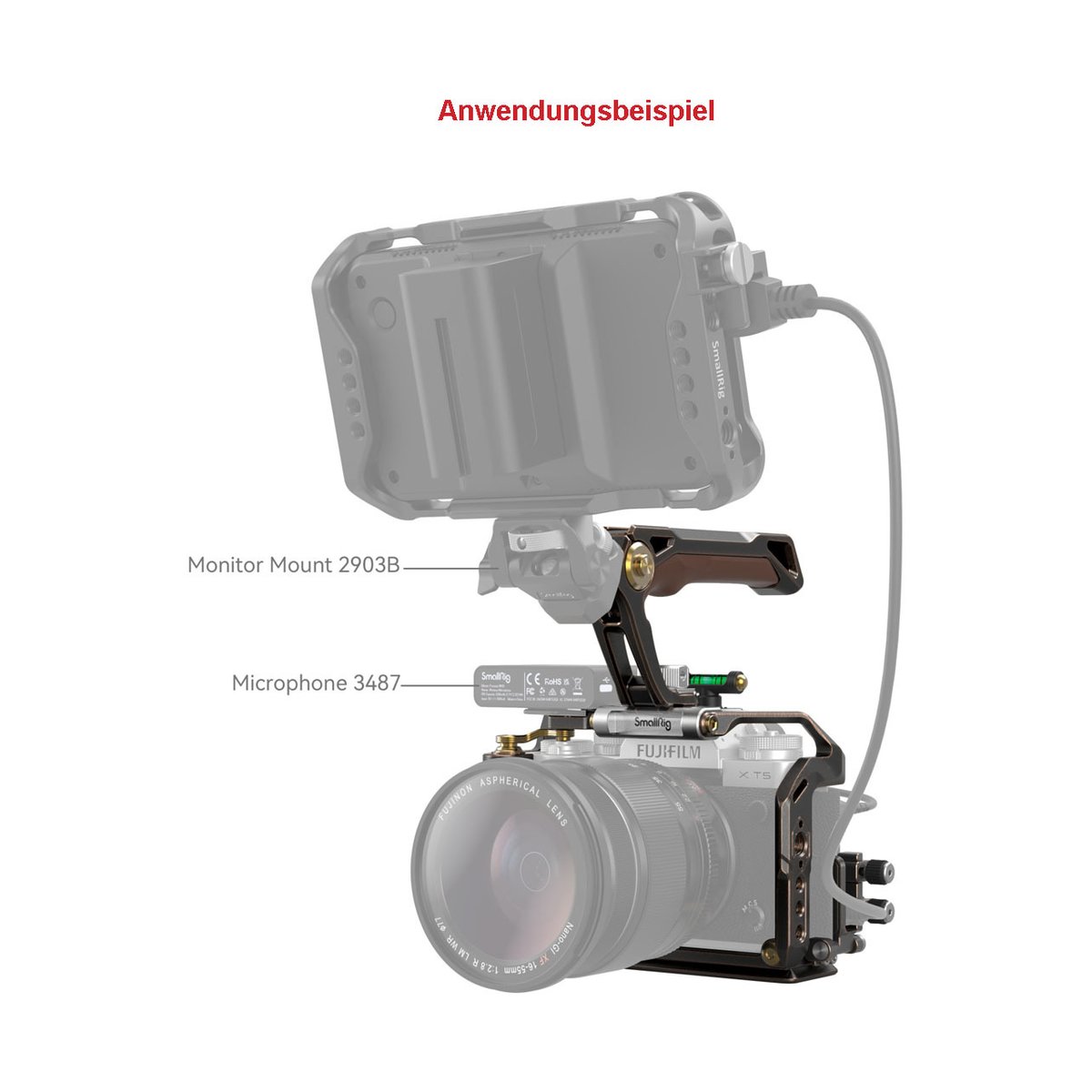 SmallRig 3872 Retro Handheld Cage Kit für Fujifilm X-T5 - Anwendungsbeispiel eines Kamera-Rigs mit Monitorhalterung und Mikrofon