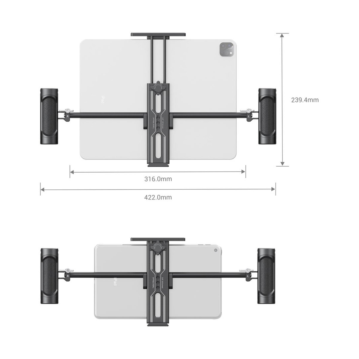 SmallRig 2929B Tablet Halterung mit Doppelgriff für iPad - Maße des Tablet-Halters mit Tablet, Ansicht von oben und leicht von vorne