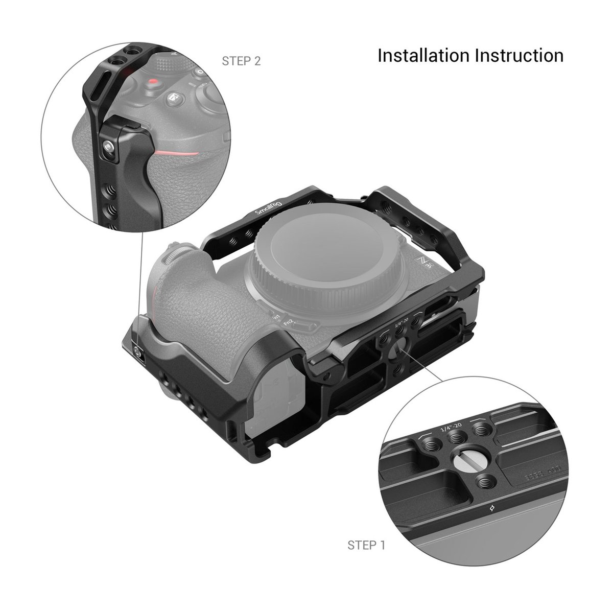 SmallRig 3858 Cage für Nikon Z 30 - Installationsanleitung Kamerakäfig: Detailansicht Montage Bodenplatte und oberer Griff.