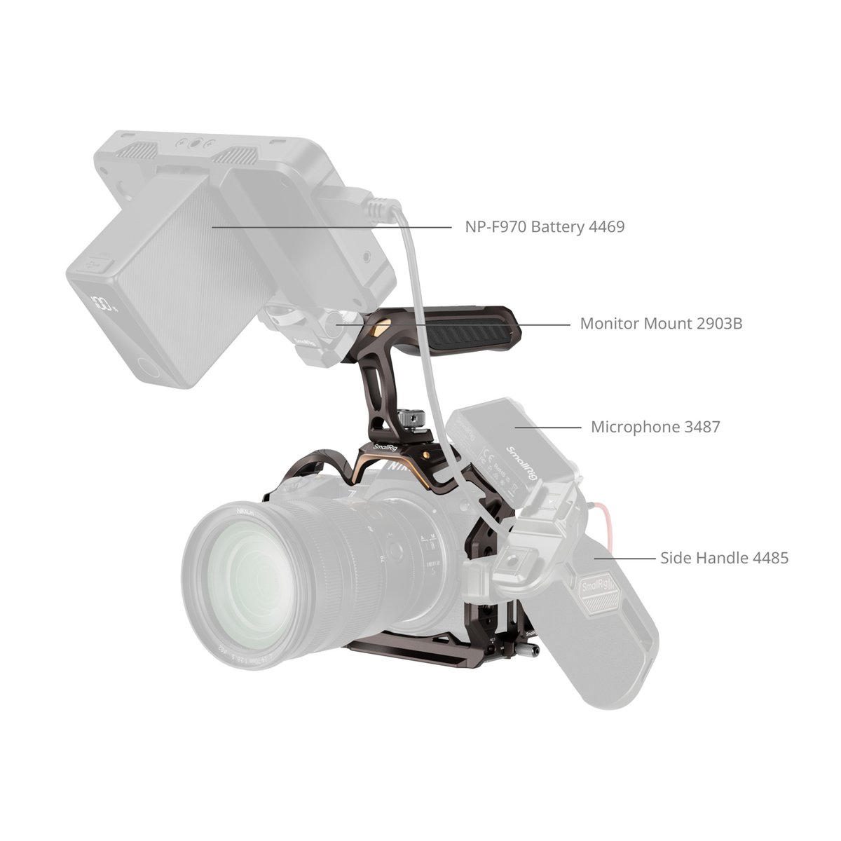 SmallRig 5259 Night Eagle Kit, Cage für Nikon Z5II/5, Z6II/6, Z7II/7 - Montagebeispiel einer Kamerarig mit Zubehör wie Monitor, Mikrofon, Batterie und Griff, beschriftet.
