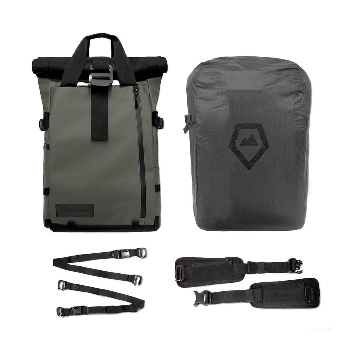 WANDRD PRVKE 21-Liter Green Travel Bundel V3 - Lieferumfang des WANDRD Roam Sling: Rucksack, Regenschutz und Gurte