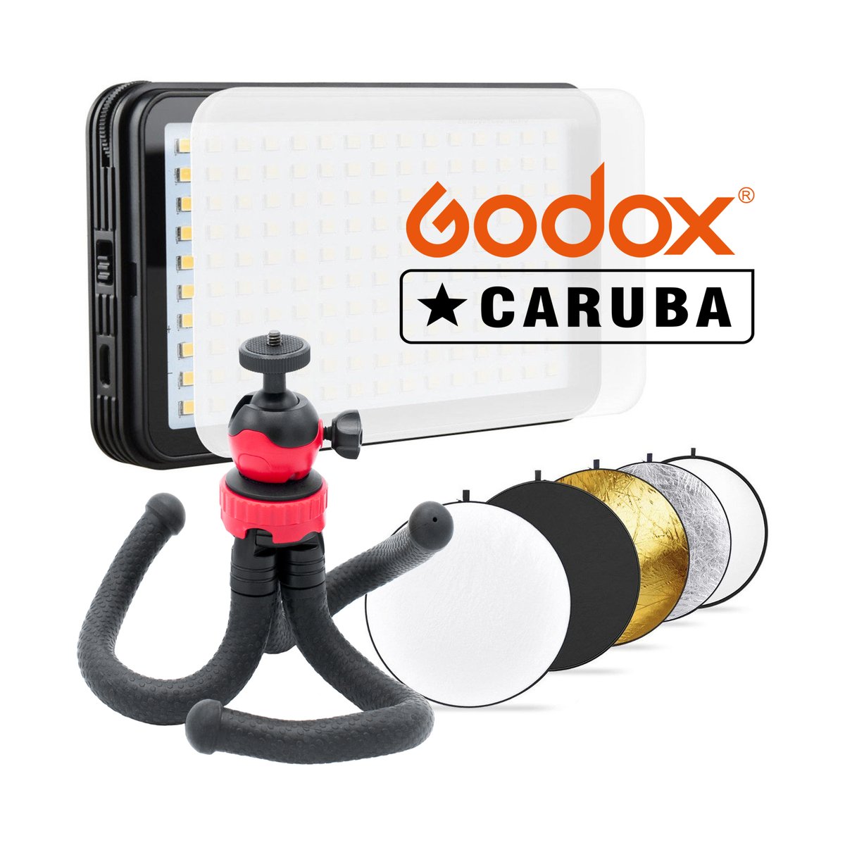 Godox Daylight Macro Continue Light Kit - Lieferumfang: Godox LED Videoleuchte, flexibles Stativ, 5-in-1 Reflektoren