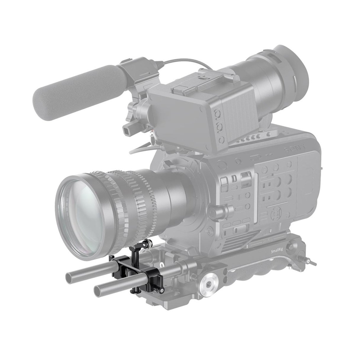 SmallRig 2727 Universal 15 mm LWS Objektivhalterung - Anwendungsbeispiel: SmallRig Rod-Stützsystem an professioneller Videokamera