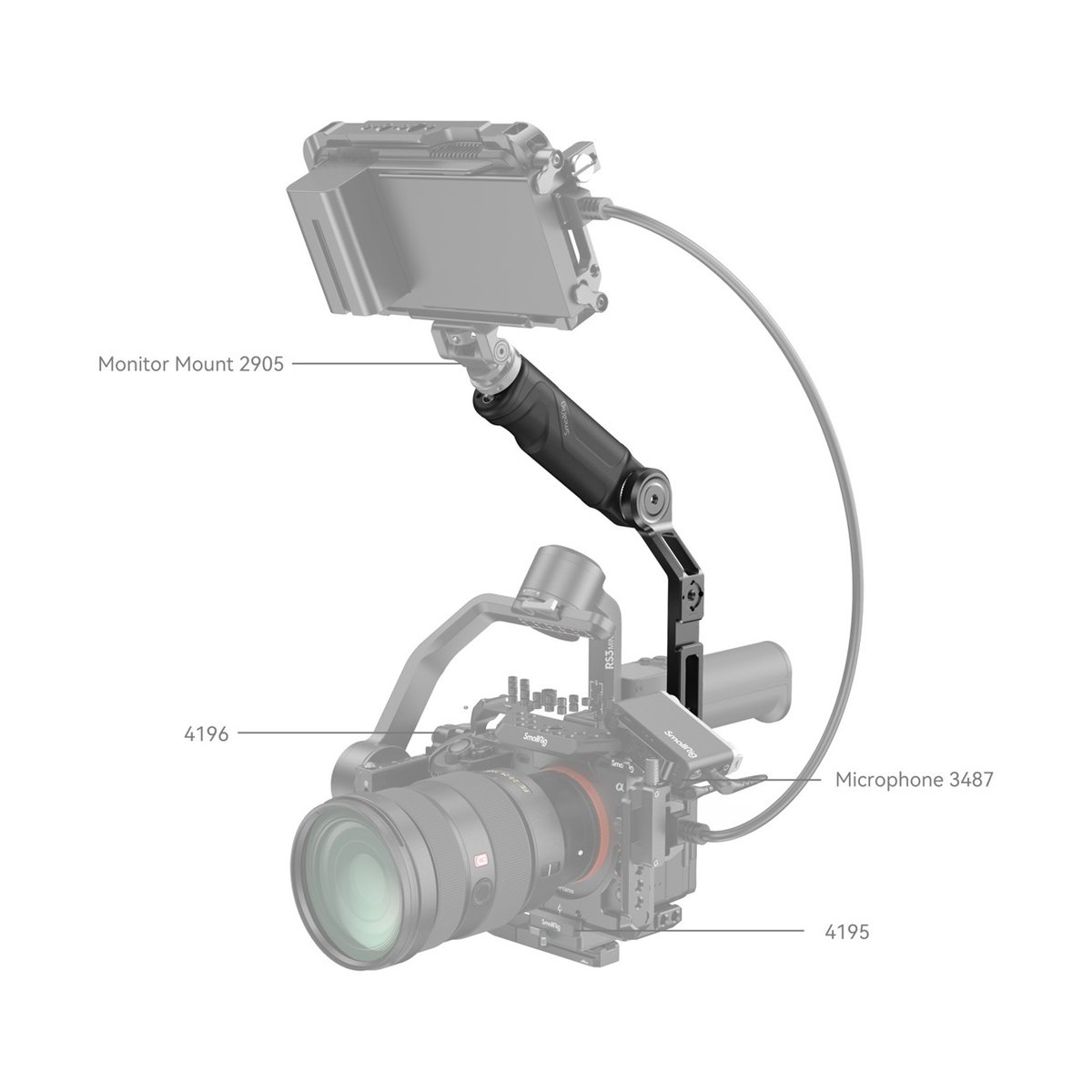 SmallRig 4197B Sling Handgriff für DJI RS 3 Mini - Anwendungsbeispiel: Kamera-Rig mit Monitorhalterung 2905 und Mikrofon 3487. SmallRig 4197B Sling Handgriff für DJI RS 3 Mini - Anwendungsbeispiel: Kamera-Rig mit Monitorhalterung 2905 und Mikrofon 3487.