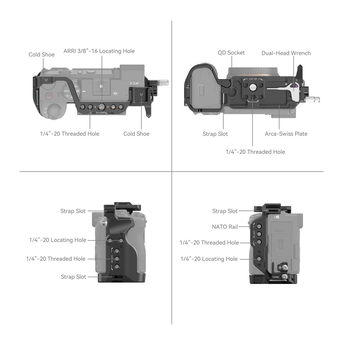 SmallRig 4422 Cage Kit für Sony Alpha 7C II/Alpha 7CR - Produktdiagramm mit allen Features und Anschlüssen