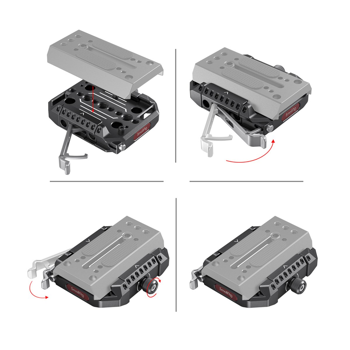SmallRig 2887B Drop-In Basisplatte, Manfrotto, kompatibel zu 501PL QR-Platte - Funktionsweise: Schnellwechselplatte mit Klemme in 4 Schritten montieren und sichern
