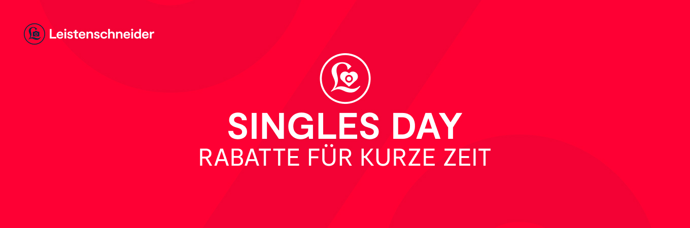 Banner von Foto Leistenschneider zum Singles Day mit rotem Hintergrund und dem Text: Singles Day – Rabatte für kurze Zeit.
