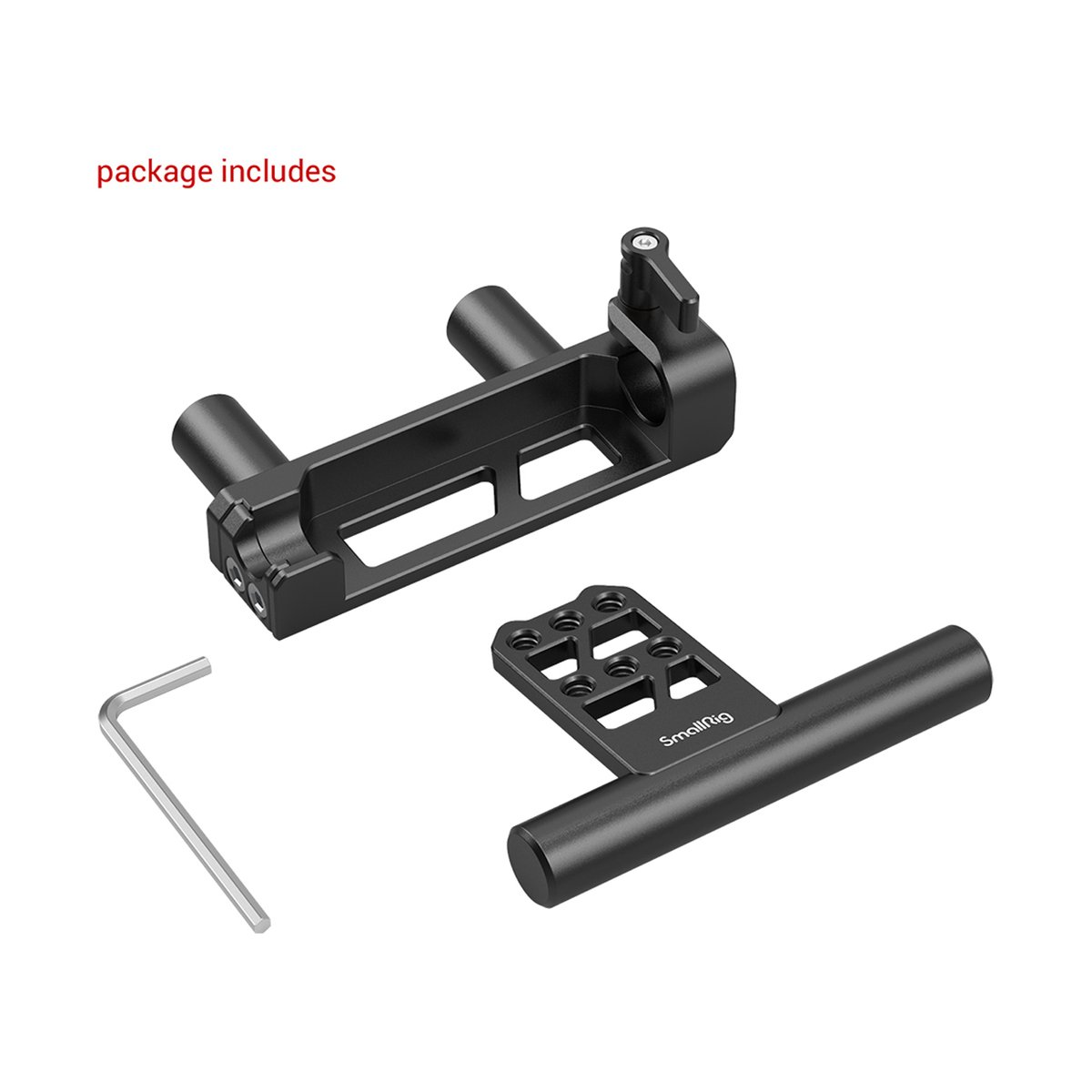 SmallRig 2802 Doppel 15 mm Stabbatterie Scharnier Stangensystem - Lieferumfang: Kamera-Griff, Halterung und Inbusschlüssel auf weißem Hintergrund.