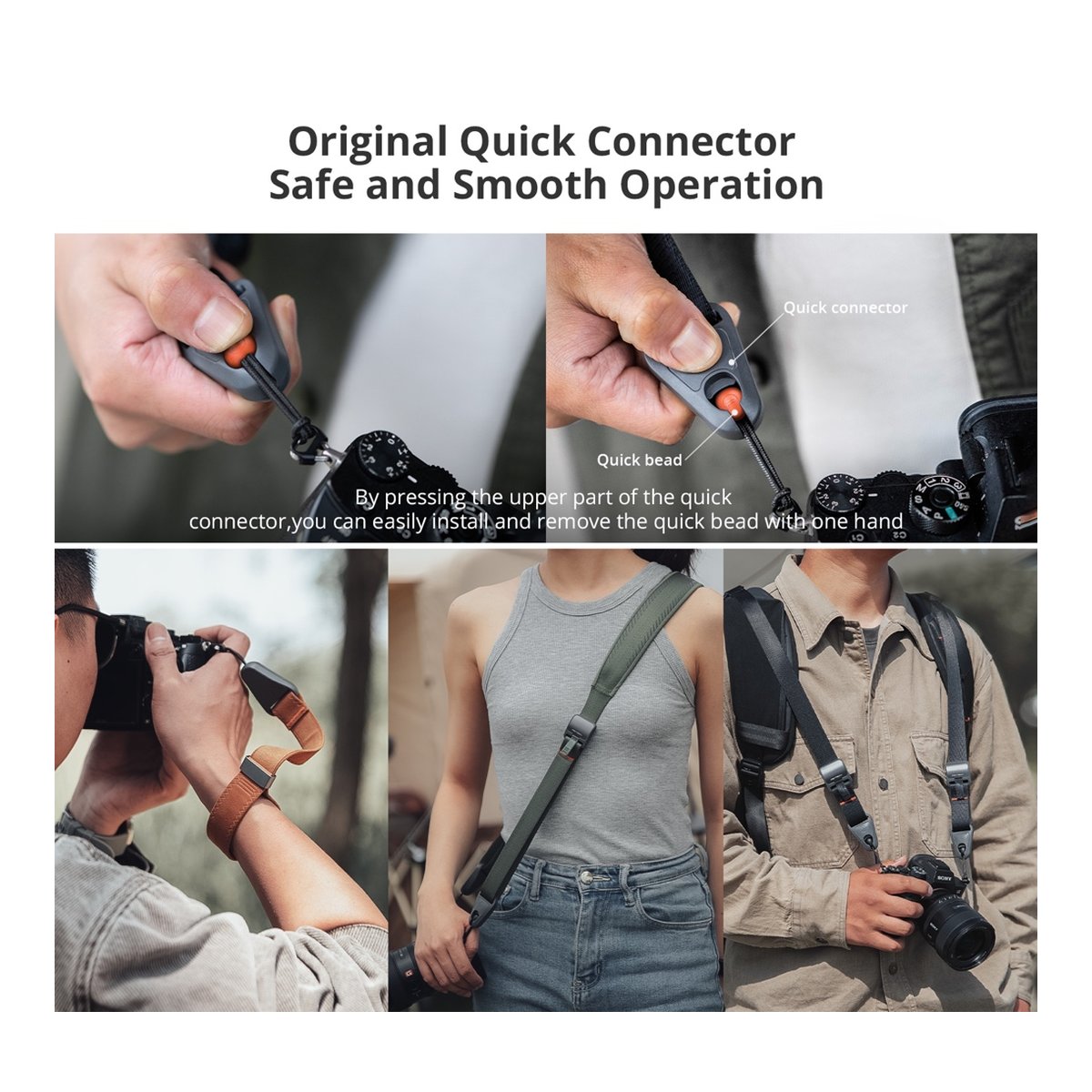 PGYTECH Camera Shoulder Strap(Dark Blue) - Detailansicht Schnellverbinder und Anwendungsbeispiele für Kamera-Hand-, -Schulter- und -Brustgurte
