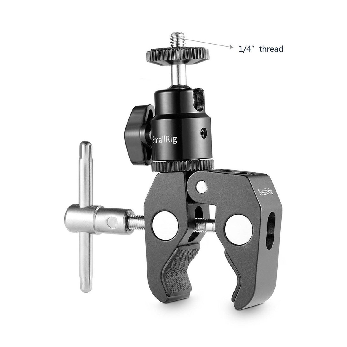 SmallRig 1124 Super Clamp Halterung mit 1/4" Schraube-Kugelkopf - Detailansicht SmallRig Super Clamp mit Kugelkopf und markiertem 1/4-Zoll-Gewinde