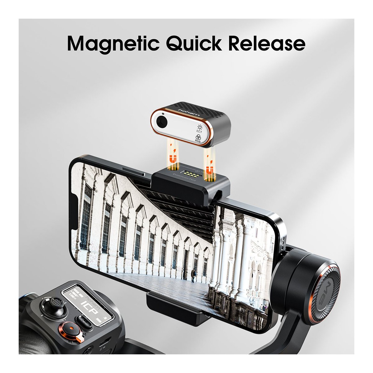 Hohem Magnetic Fill light & Integrated with AI Tracking Module for iSteady M6 - DETAILANSICHT: Magnetische Schnellverschluss-Verbindung von Zubehör am Smartphone-Gimbal.