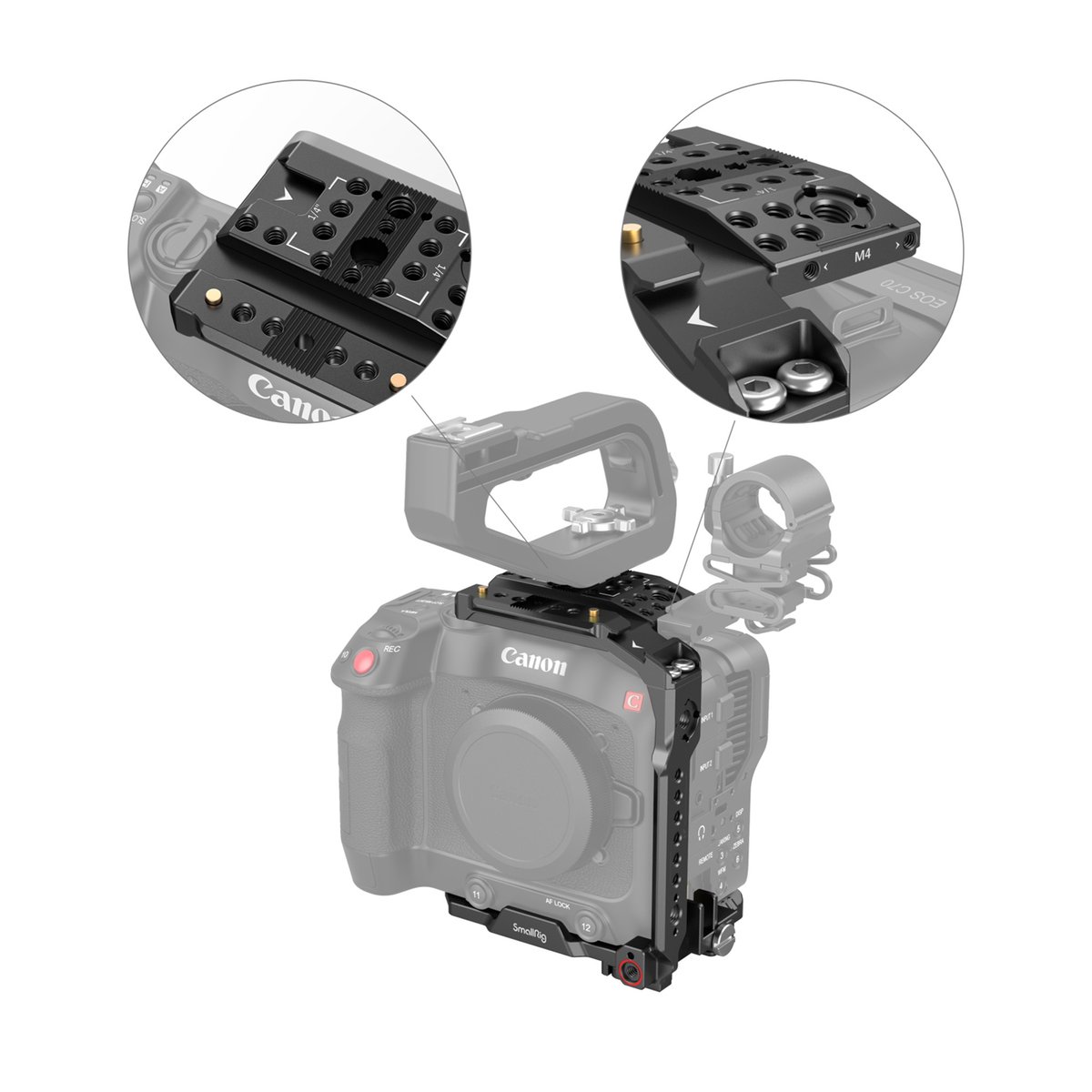 SmallRig 3899 Handheld-Cage Kit f. Canon EOS C70 - Detailansicht der Oberplatte des Kamerakäfigs auf der Canon C70, zeigt 1/4"- und M4-Gewinde. SmallRig 3899 Handheld-Cage Kit f. Canon EOS C70 - Detailansicht der Oberplatte des Kamerakäfigs auf der Canon C70, zeigt 1/4"- und M4-Gewinde.