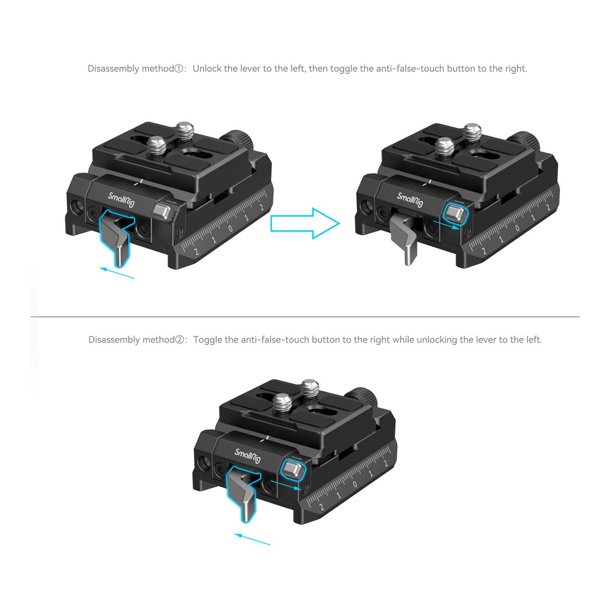 SmallRig 4234 Arca-Swiss/Manfrotto Montageplatten-Kit - Anwendungsbeispiel: Demontage der SmallRig Schnellwechselplatte mit zwei Entriegelungsmethoden.