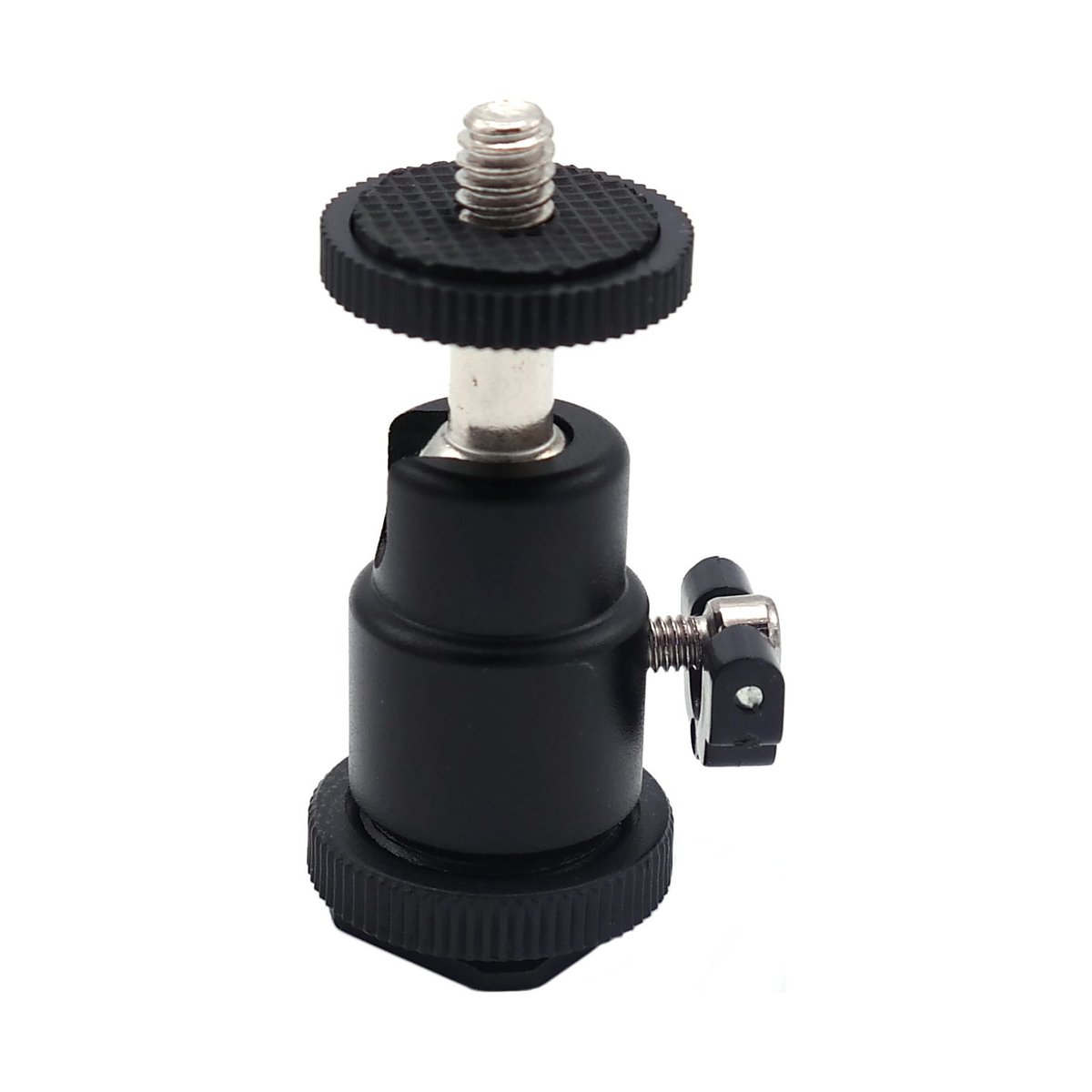 Caruba YT01 Mini-Kugelkopf klein - Produktansicht: Schwarzer Hot-Shoe Adapter mit Kugelgelenk und 1/4 Zoll Gewinde