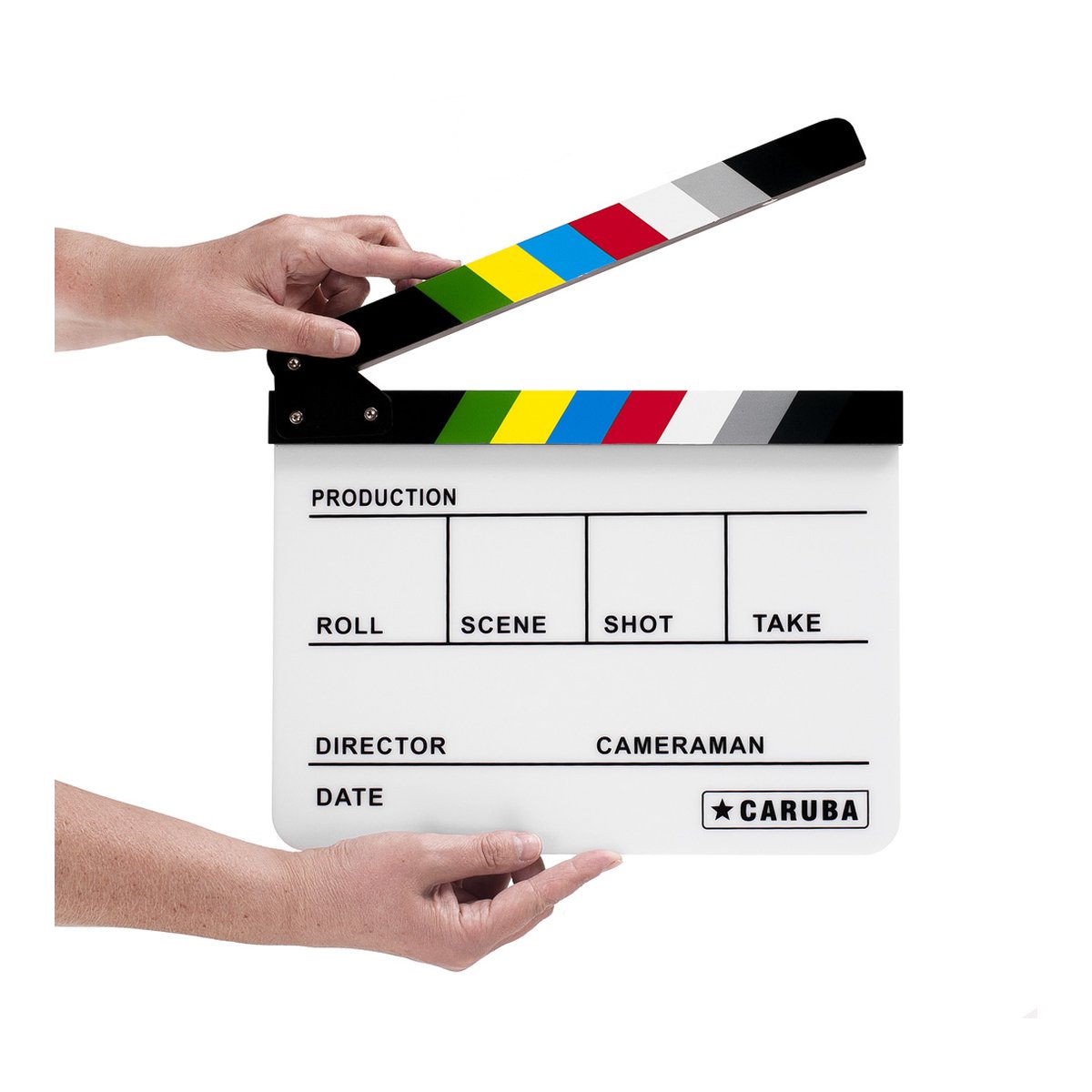 Caruba Professional Director Clapper Weiß/Farbe (Whiteboardmarker) - Anwendungsbeispiel: Filmklappe mit bunten Streifen, von Händen gehalten.