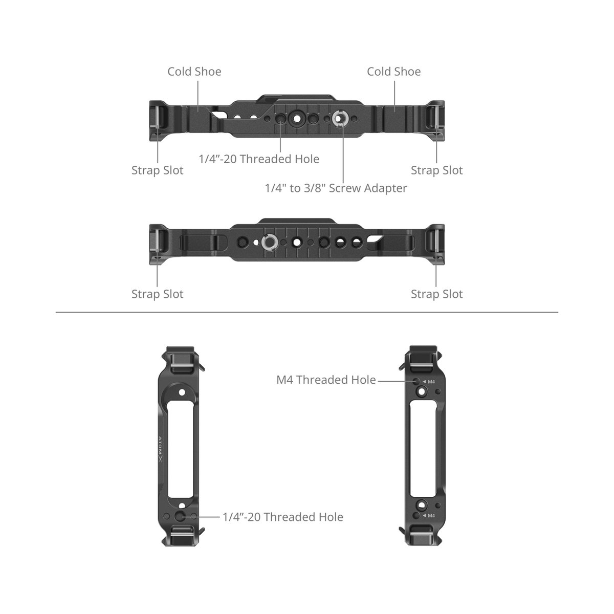 SmallRig CMA2209B Cage für Atomos Ninja Serie - Technische Detailansicht der Ober- und Seitenplatten eines Kamerakäfigs mit Gewinden, Cold Shoes und Schlaufen. SmallRig CMA2209B Cage für Atomos Ninja Serie - Technische Detailansicht der Ober- und Seitenplatten eines Kamerakäfigs mit Gewinden, Cold Shoes und Schlaufen.