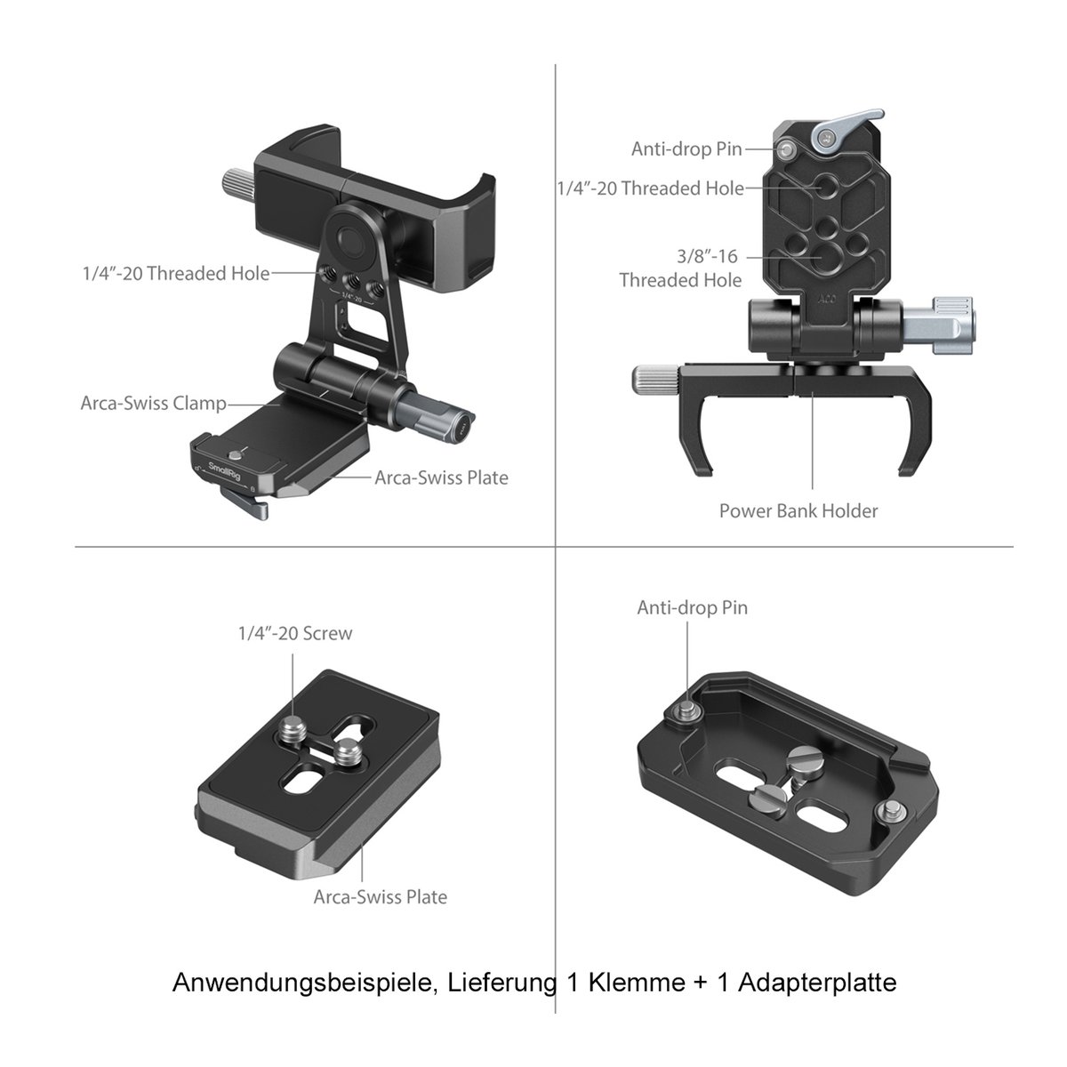 SmallRig 4695 Power Banks Montageplatten Kit für spiegellose Kameras - LIEFERUMFANG: Verschiedene Einzelteile und Anwendungsbeispiele wie Handyhalter, Powerbank-Halter und Arca-Swiss-Platten.