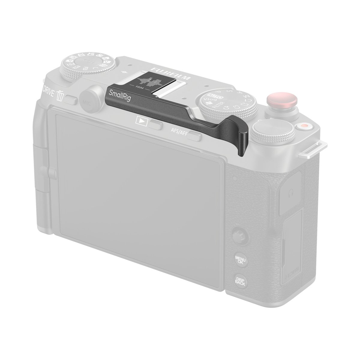 SmallRig 4878 Daumengriff schwarz für Fujifilm X-M5 - Anwendungsbeispiel: Schwarzer Daumengriff auf dem Blitzschuh einer Kamera, von hinten oben.