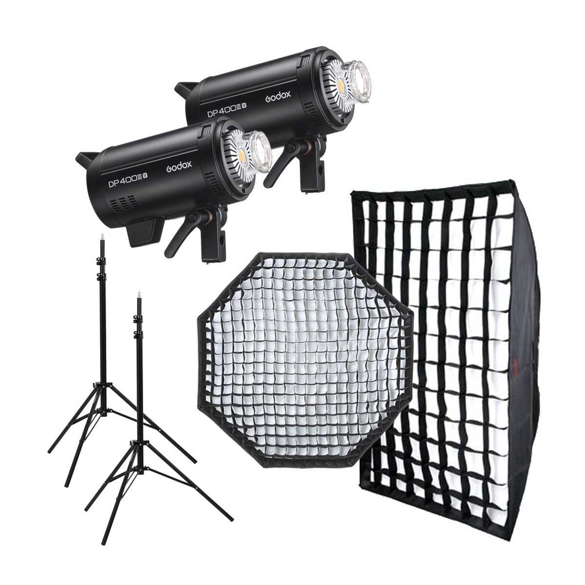 Godox DP400III Duo Kit - Lieferumfang: Godox DP400III Studioblitz-Set mit 2 Blitzen, Stativen und Softbox-Gittern.