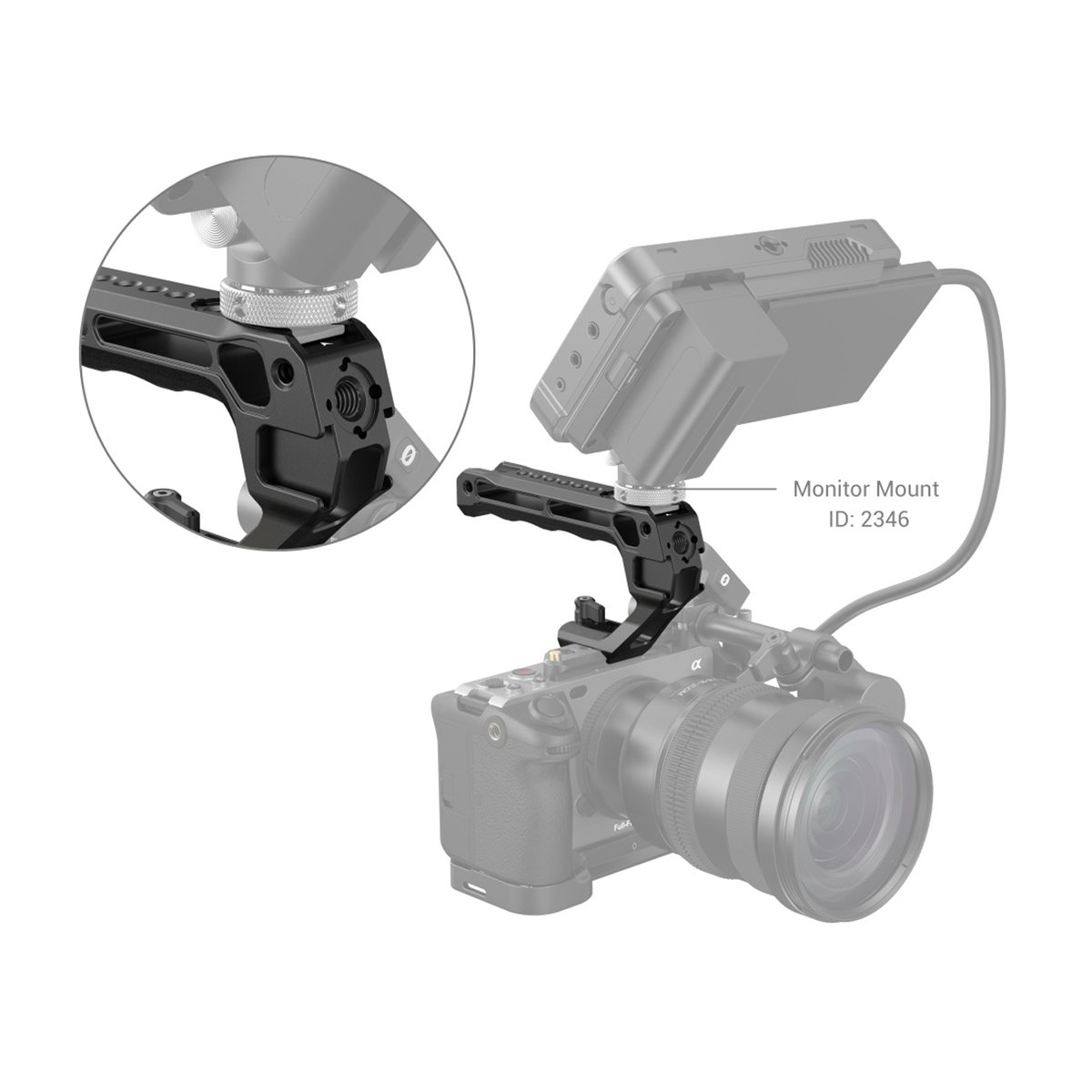 SmallRig 3766 NATO Top-Griff Lite - Monitorhalter ID 2346, montiert an einer Kamera, mit Detailansicht der Befestigung.