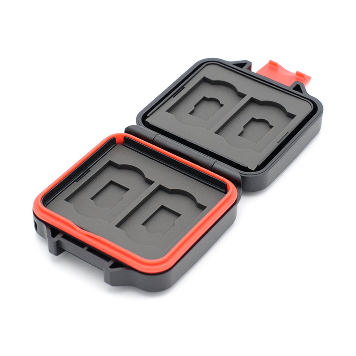 Caruba Multi Card Case MCC-6 (4xSD + 4xmicroSD) - Innenansicht offenes schwarzes Speicherkartenetui mit orangem Dichtring und Schaumstoffeinlagen für SD/MicroSD-Karten