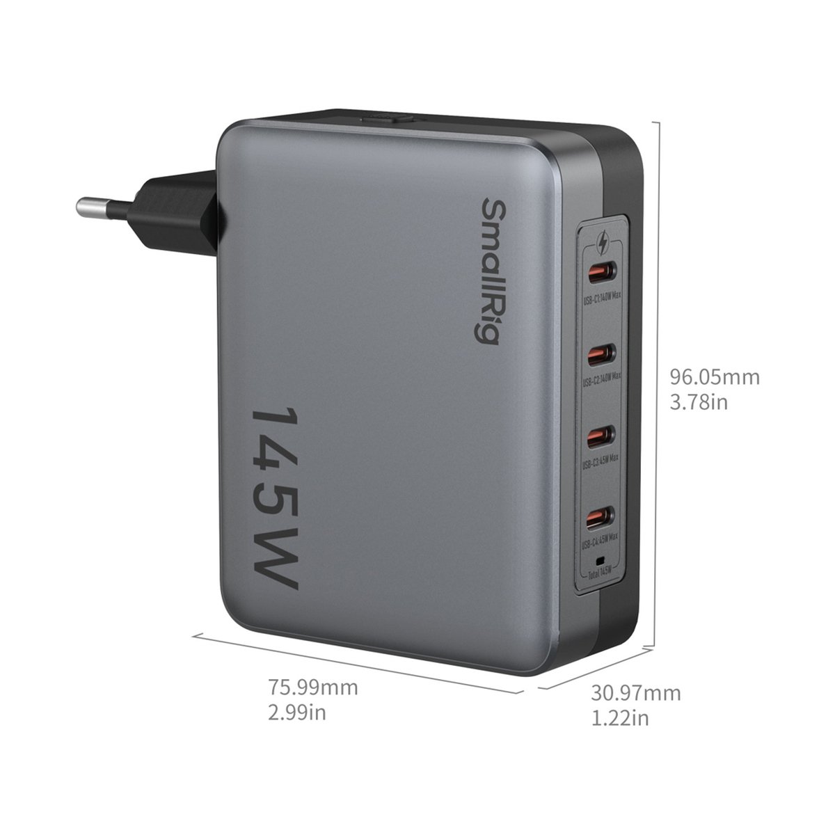 SmallRig 4748 Power Adapter 145W 4-Port PD (EU Standard) - Abmessungen des SmallRig 145W Ladegeräts in Schrägansicht mit USB-C Anschlüssen.