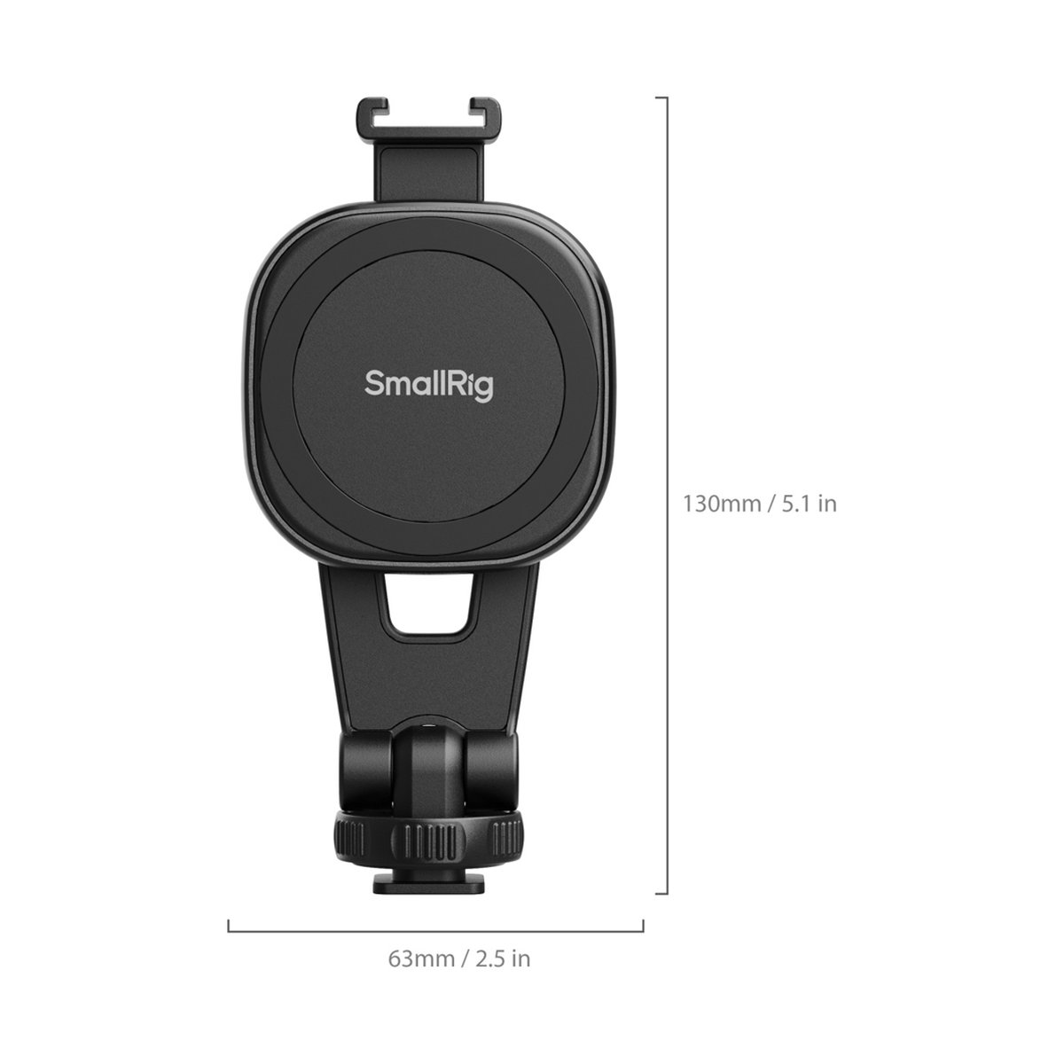 SmallRig 5283 AC-10 ansteckbare Handyklemme mit Blitzschuhhalterung - Maße Ansicht der SmallRig Halterung mit Höhen- und Breitenangaben.