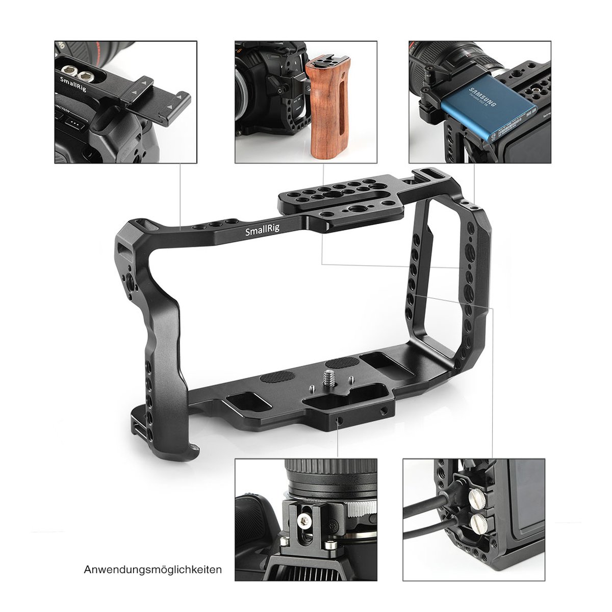 SmallRig 2203B Cage f. Blackmagic Pocket Cinema Camera 4K/6K - Anwendungsbeispiele des SmallRig Kamerakäfigs mit montierbarem Zubehör.