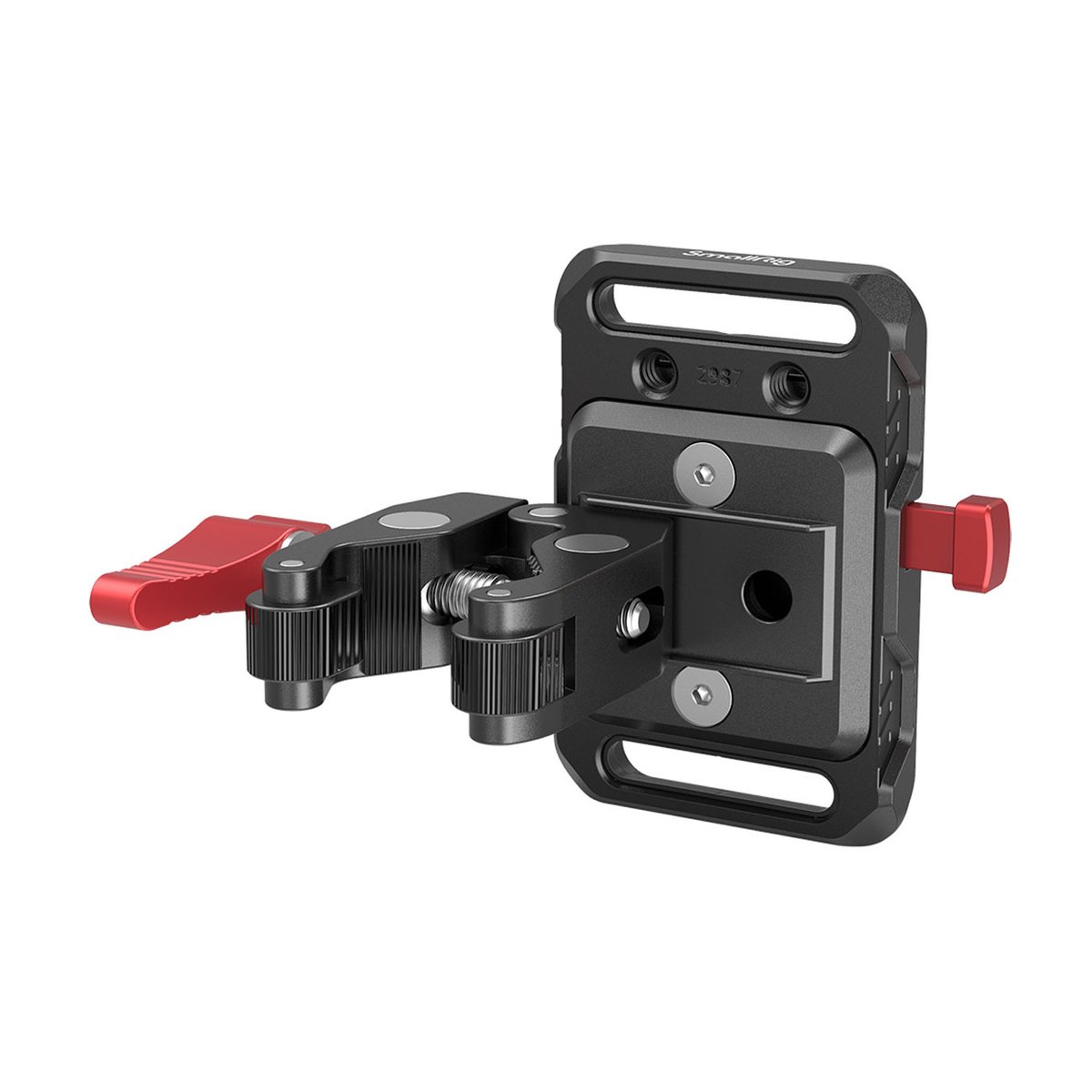 SmallRig 2989 Mini-V-Mount-Akkuadapter-Platte mit krabbenförmiger Klemme - Schrägansicht: Schwarzer Schnellverschluss-Adapter mit rotem Hebel und schwenkbarer Klemme.