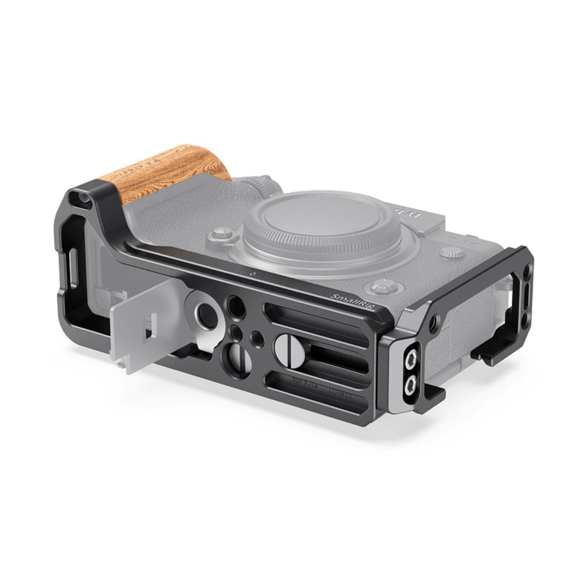 SmallRig LCF2811 L-Bracket für Fujifilm X-T4 - Kamerakäfig Seitenansicht mit Holzgriff und geöffneter Batterieklappe SmallRig LCF2811 L-Bracket für Fujifilm X-T4 - Kamerakäfig Seitenansicht mit Holzgriff und geöffneter Batterieklappe