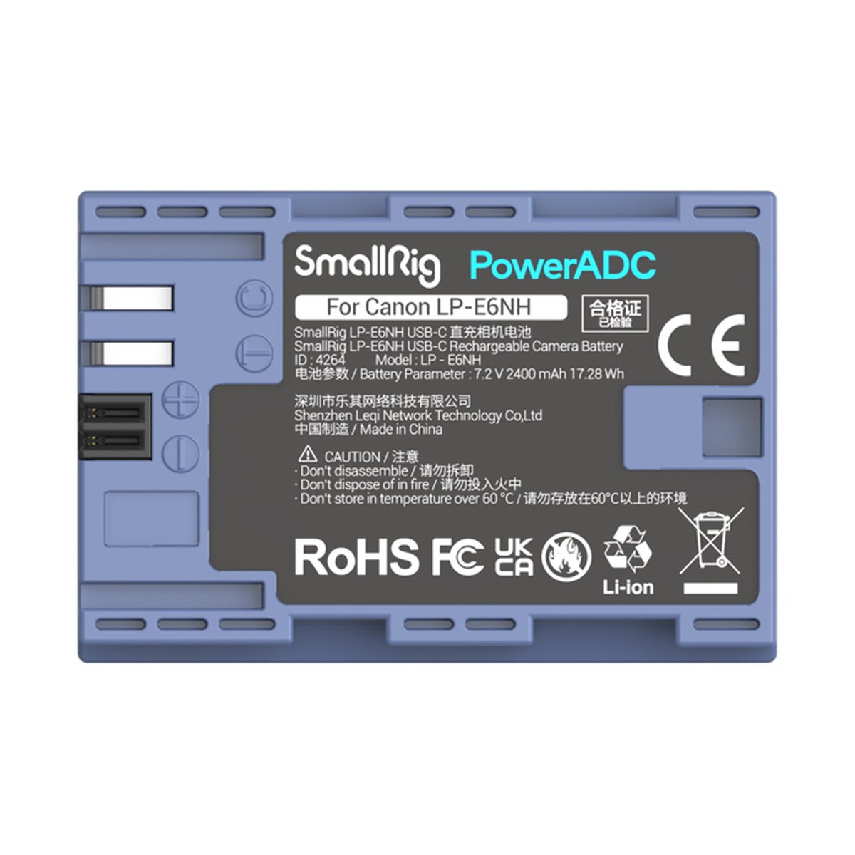 SmallRig 4264 LP-E6NH USB-C (Canon) aufladbare Kamerabatterie - SmallRig PowerADC LP-E6NH Akku Frontansicht mit technischen Daten, Warnhinweisen & Zertifizierungen (CE, RoHS, Li-ion).