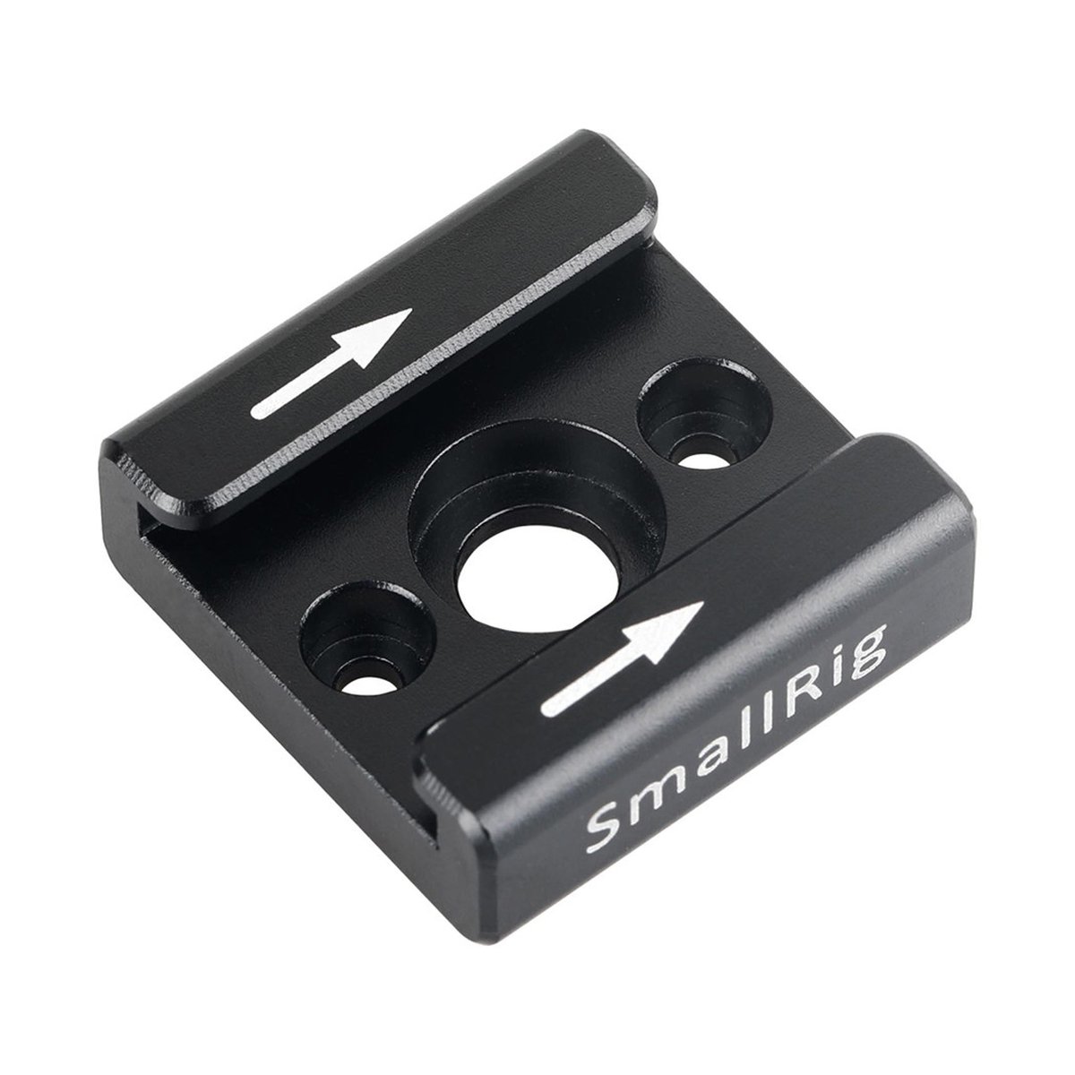 SmallRig 1241 Cold Shoe Kamerazubehör - Obere Ansicht: Schwarzer SmallRig Kaltschuh-Adapter mit weißen Pfeilen und Logo.