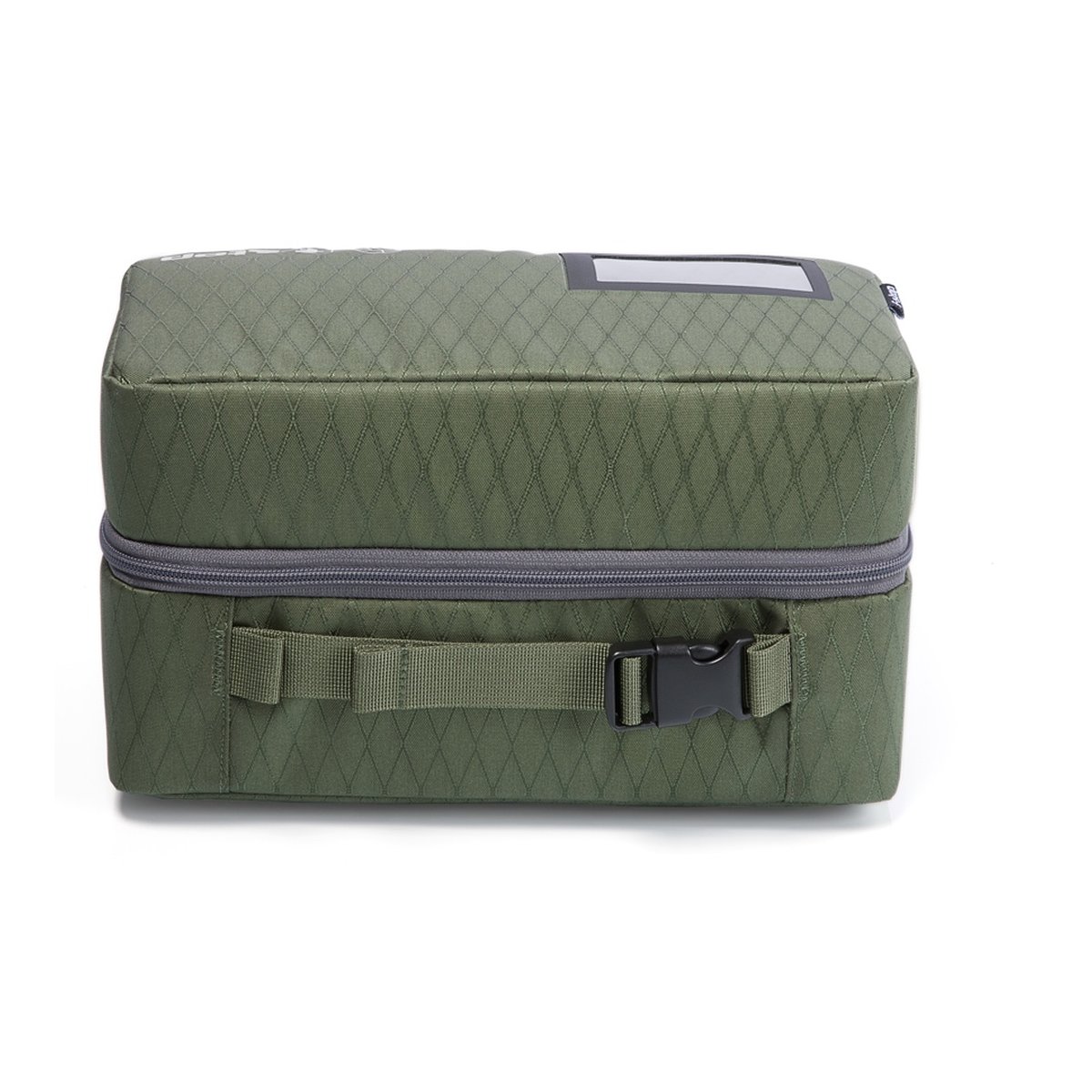 F-Stop Drone Case Large - Seitenansicht: Grüne, rechteckige Organizer-Tasche mit Reißverschluss, Schnalle und ID-Fenster.