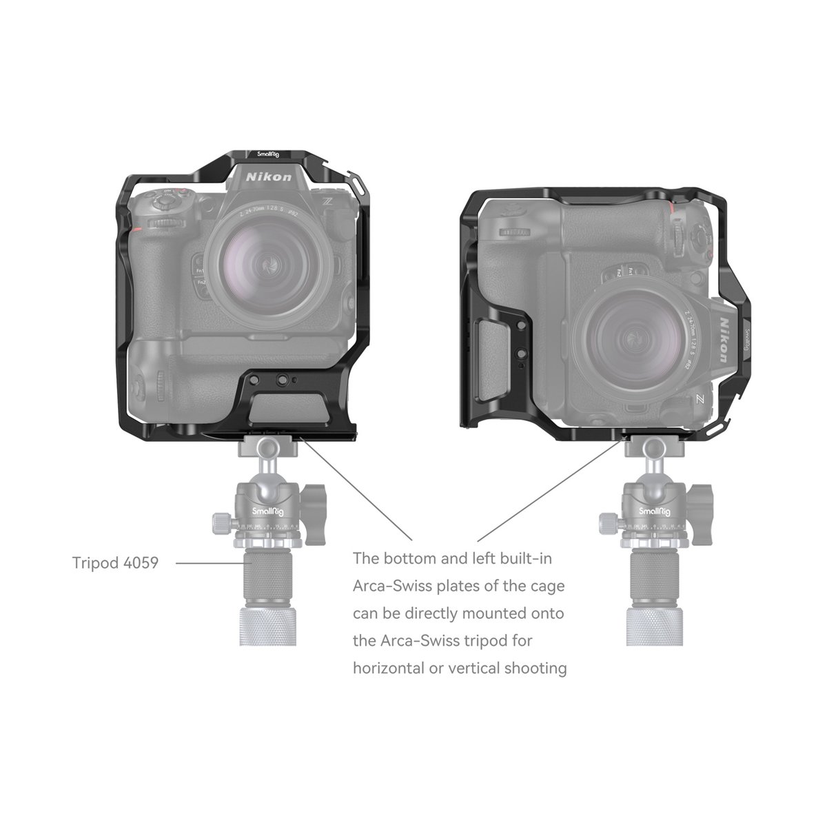 SmallRig 3982 Cage für Nikon Z 8 mit MB-N12 Batteriegriff - Montagebeispiel: Kamera-Cage auf Stativ, horizontale und vertikale Ausrichtung