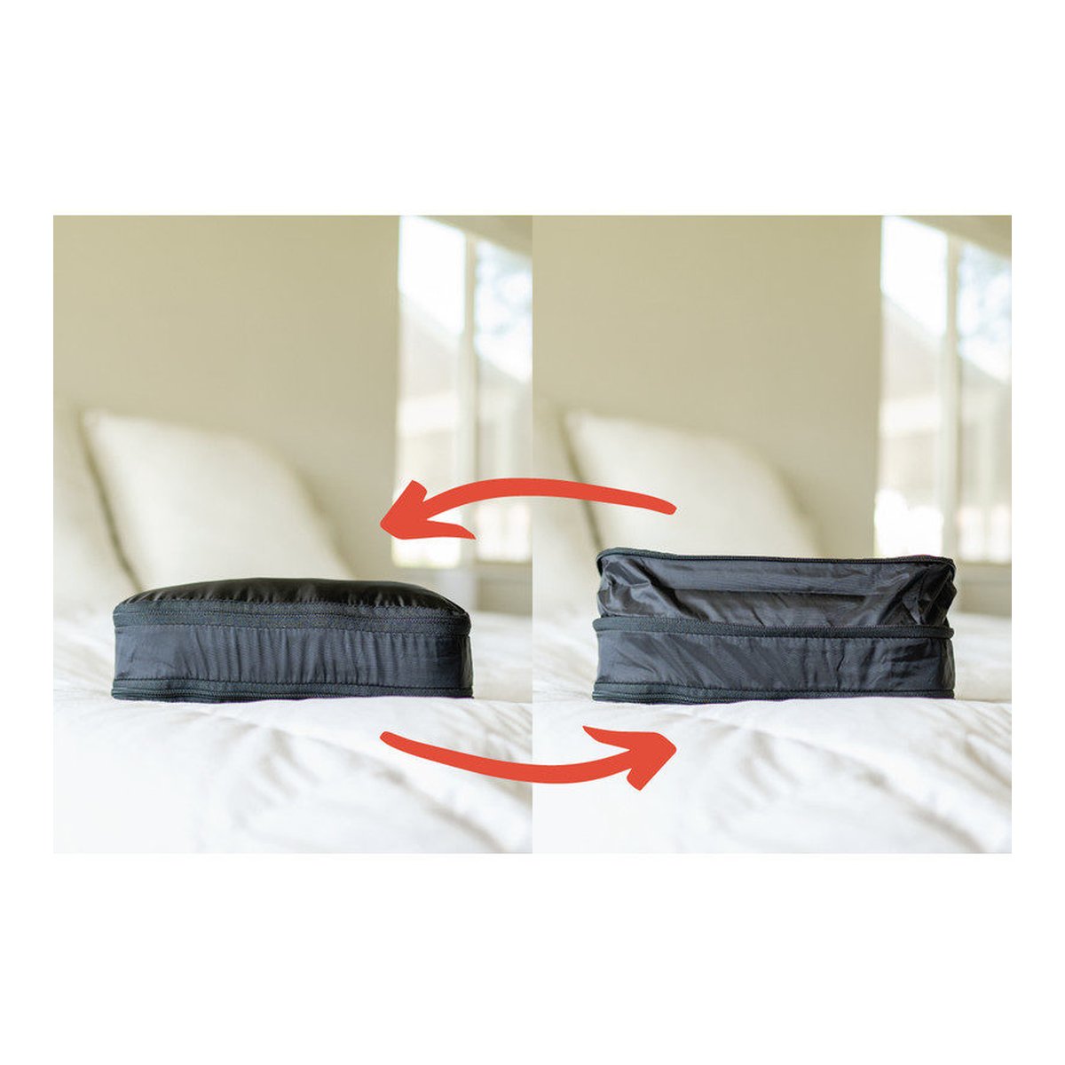 WANDRD Packing Cube Bundel (S,M,L) - Anwendungsbeispiel: Packwürfel in komprimiertem und erweitertem Zustand.