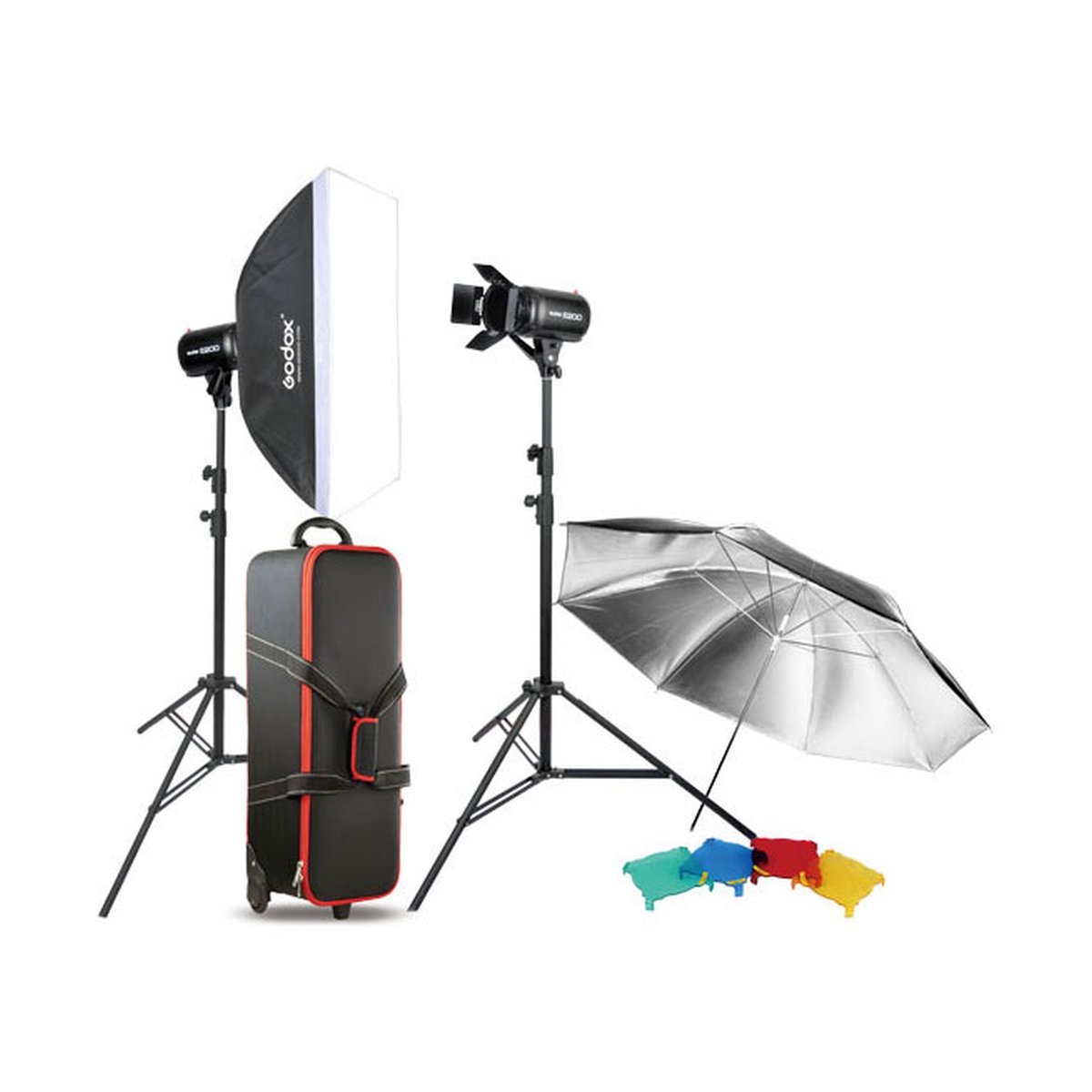 Godox Studio Set E300-F - Lieferumfang: Godox Fotostudio-Set mit 2 Lichtern, Stativen, Softbox, Schirm, Tasche und Farbfiltern