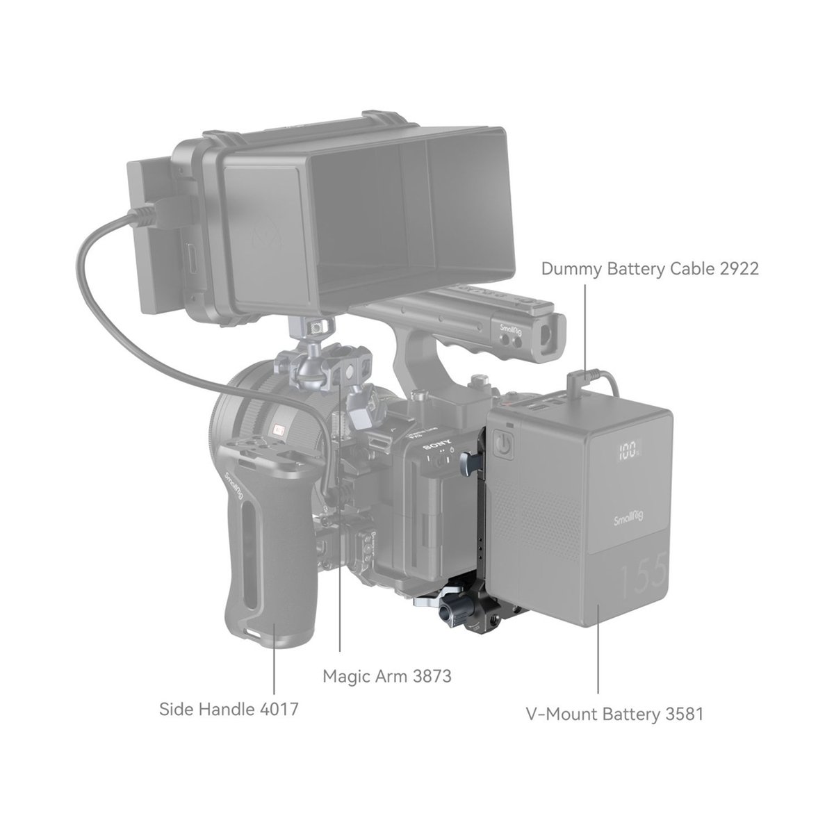 SmallRig 4505 V-Mount Akku-Montageplatte - Anwendungsbeispiel: Kamera-Rig mit SmallRig Seitenhandgriff, Magic Arm, V-Mount Batterie & Dummy-Batteriekabel.