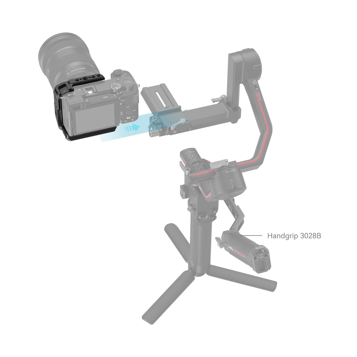 SmallRig 4337 Half Cage für Sony Alpha 6700/6600/6500/6400 - Anwendungsbeispiel: Montage von Kamera mit Cage auf Gimbal, inkl. Handgriff 3028B