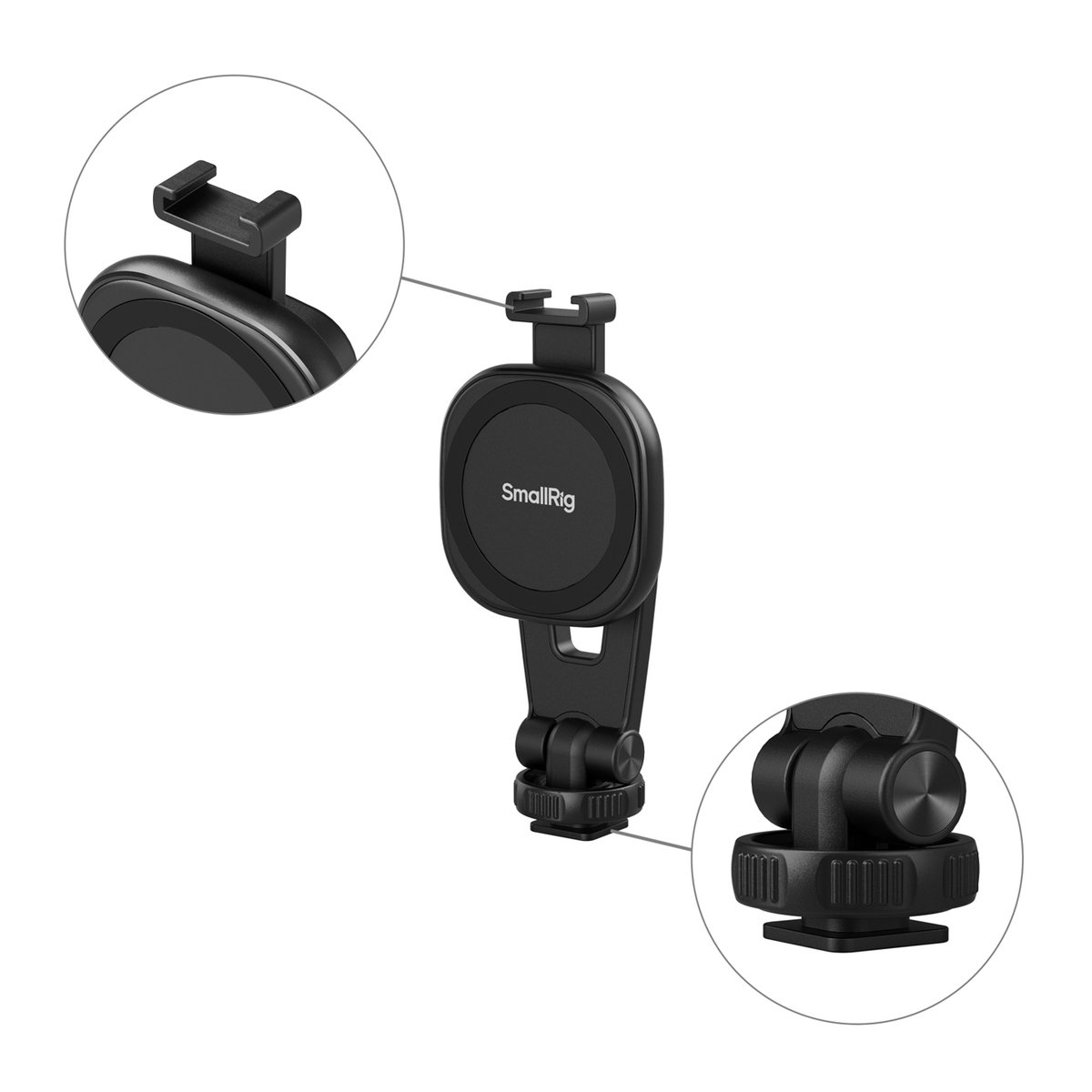 SmallRig 5283 AC-10 ansteckbare Handyklemme mit Blitzschuhhalterung - Detailansicht des SmallRig Cold Shoe Adapters mit Kugelgelenk und Anschlüssen
