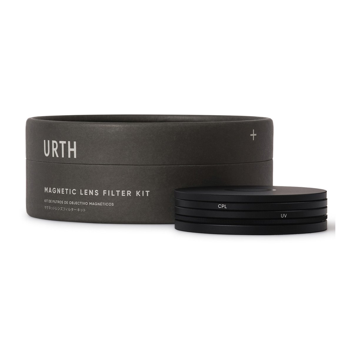 Urth 52mm Magnetic Duet Kit (Plus+) (UV+CPL) - Lieferumfang: Urth Magnetlinsenfilter Kit mit dunkelgrauer Box und gestapelten CPL/UV-Filtern.