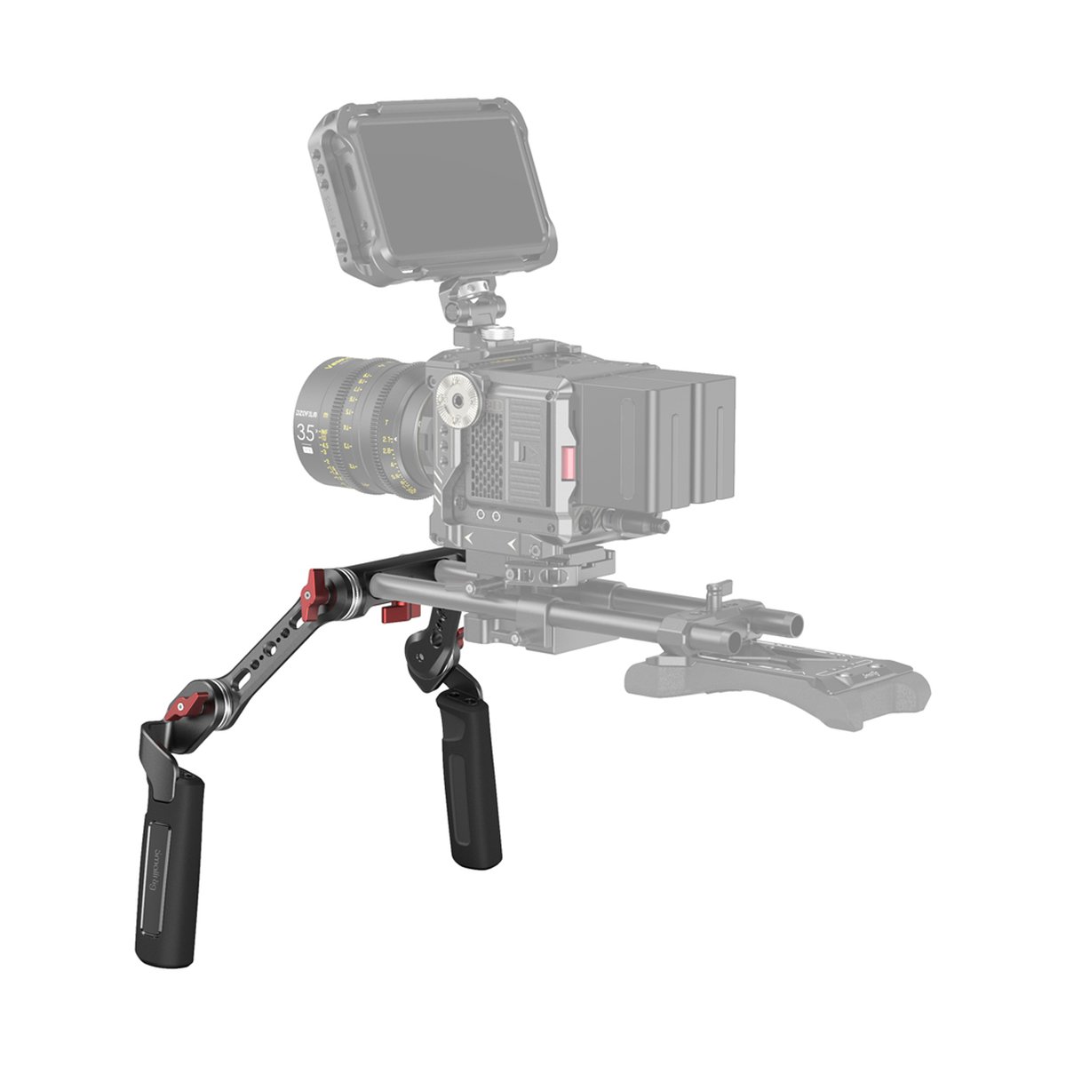 SmallRig 2002 Griffkit für Schulterrig 2 gummierte Griffe + 15mm-Rodaufnahme - Anwendungsbeispiel: Kamera-Schulter-Rig mit doppelten Handgriffen und Schulterpolster