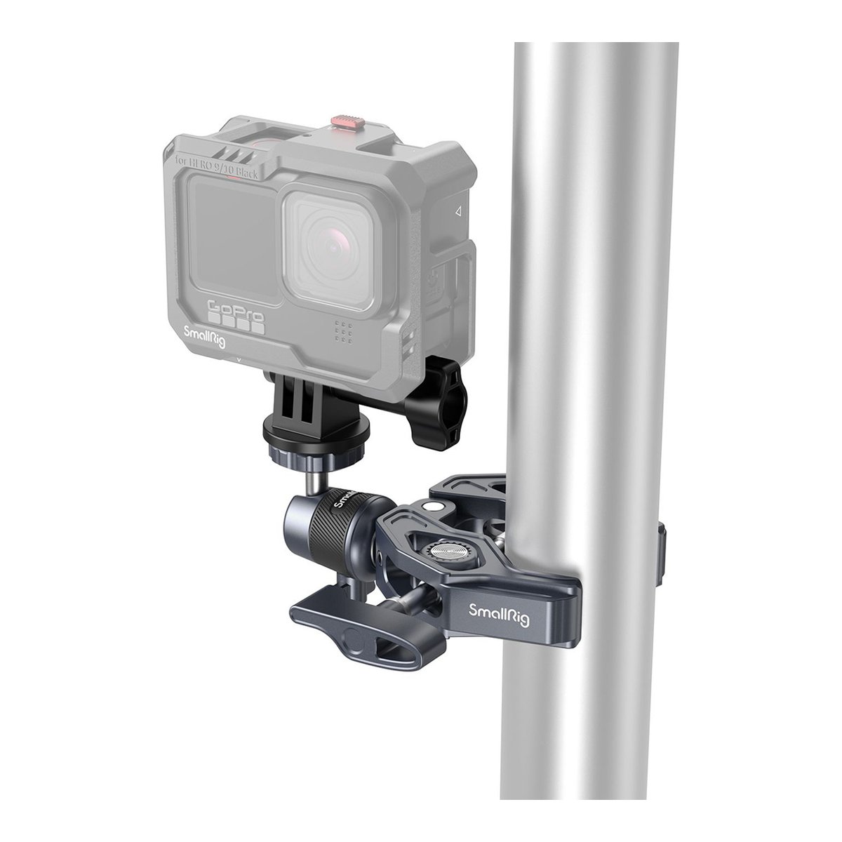 SmallRig 4102B Super Clamp mit 360° Kugelkopfhalterung für Action-Kameras - Anwendungsbeispiel: SmallRig Kamerahalterung an Stange mit befestigter GoPro