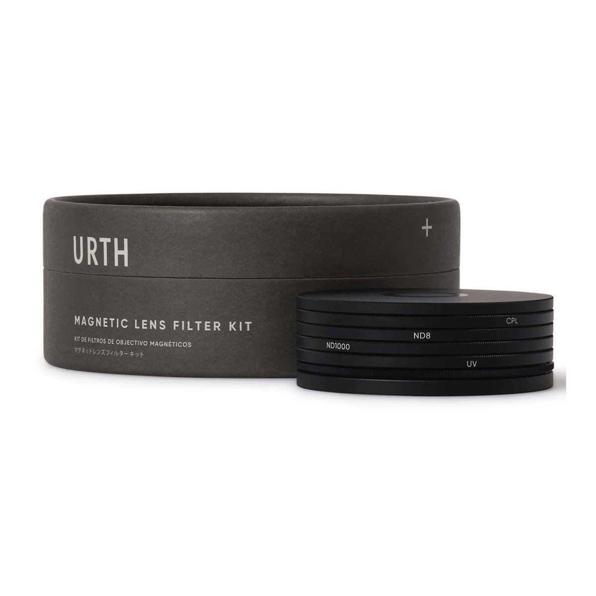 Urth 39mm Magnetic Essential Kit (Plus+) (UV+CPL+ND8+ND1000) - Lieferumfang: Urth Magnetic Lens Filter Kit Box und gestapelte ND1000, ND8, CPL, UV Filter