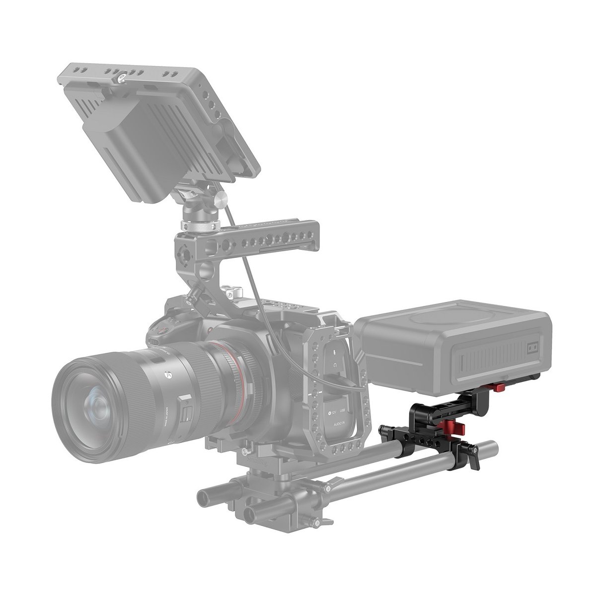 SmallRig 2991 V-Mount-Akku-Adapterplatte mit verstellbarem Arm - Anwendungsbeispiel: Kamera-Rig mit montierter Akkuplatte, Monitor und Top-Griff