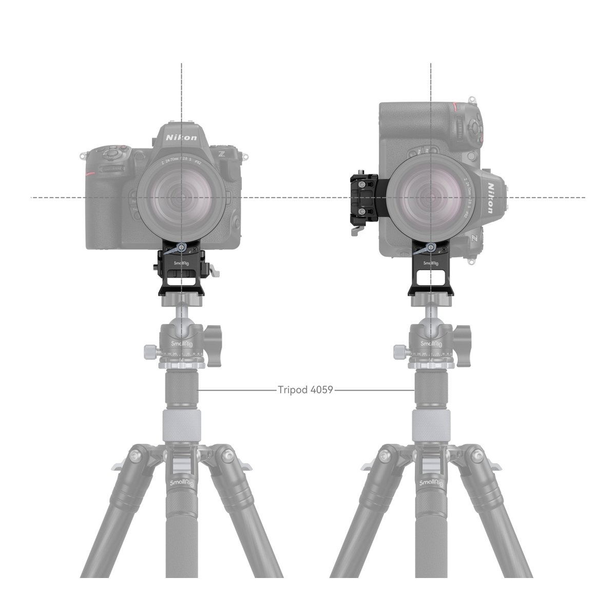 SmallRig 4306 Drehbares Horizontal- Vertikal-Montageplatten-Kit für Nikon Z - Anwendungsbeispiel: L-Halterung am Stativ für Kameras, zeigt Wechsel zwischen Quer- & Hochformat mit zentrierter optischer Achse.