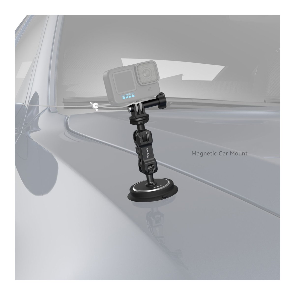 SmallRig 4466 Magic Arm Magnetischer Saugnapf-Halterungssatz f.Action-Kameras - Anwendungsbeispiel der magnetischen Autohalterung mit Actionkamera auf der Motorhaube