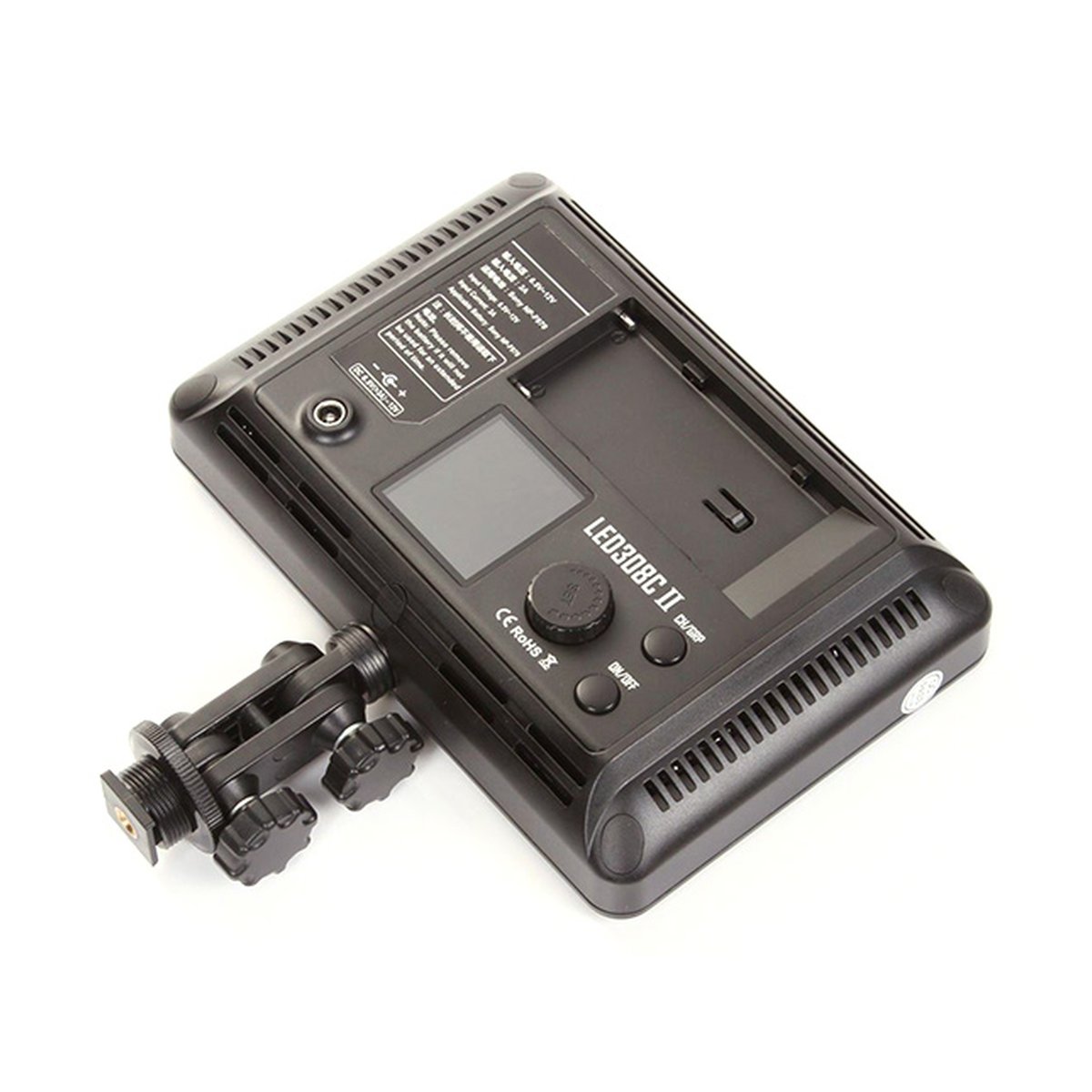 Godox Led 308W II - Rückansicht des LED-Lichts mit Bildschirm, Bedienelementen, Batteriefach und angebrachter Halterung.