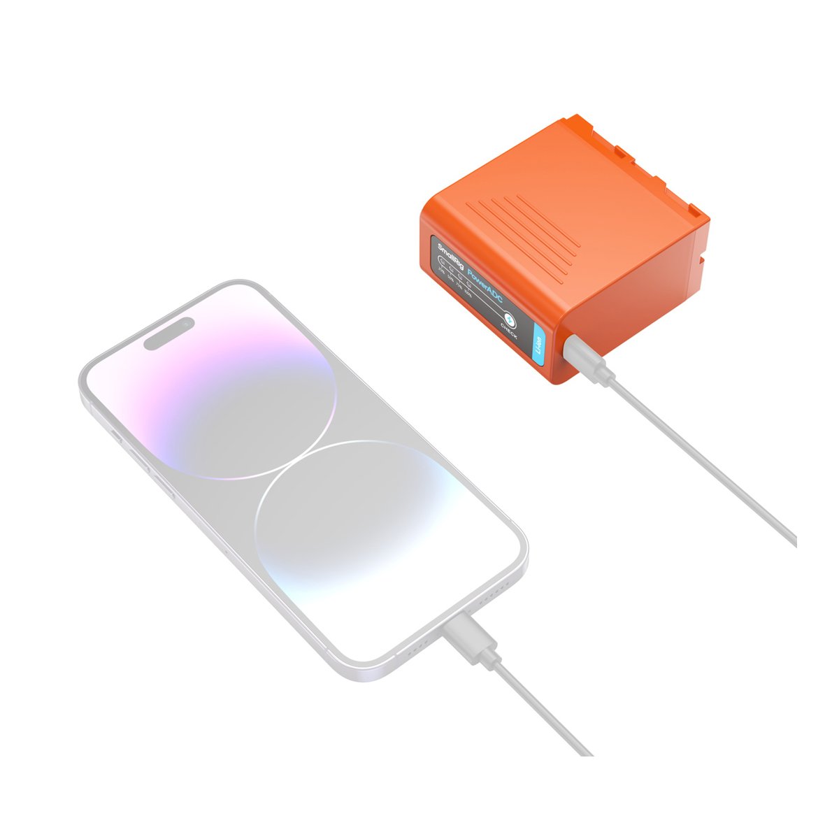 SmallRig 4972 NP-F970 USB-C Rechargeable Camera Battery (Orange) - Anwendungsbeispiel: Orangefarbenes SmallRig PowerADC an Smartphone angeschlossen.
